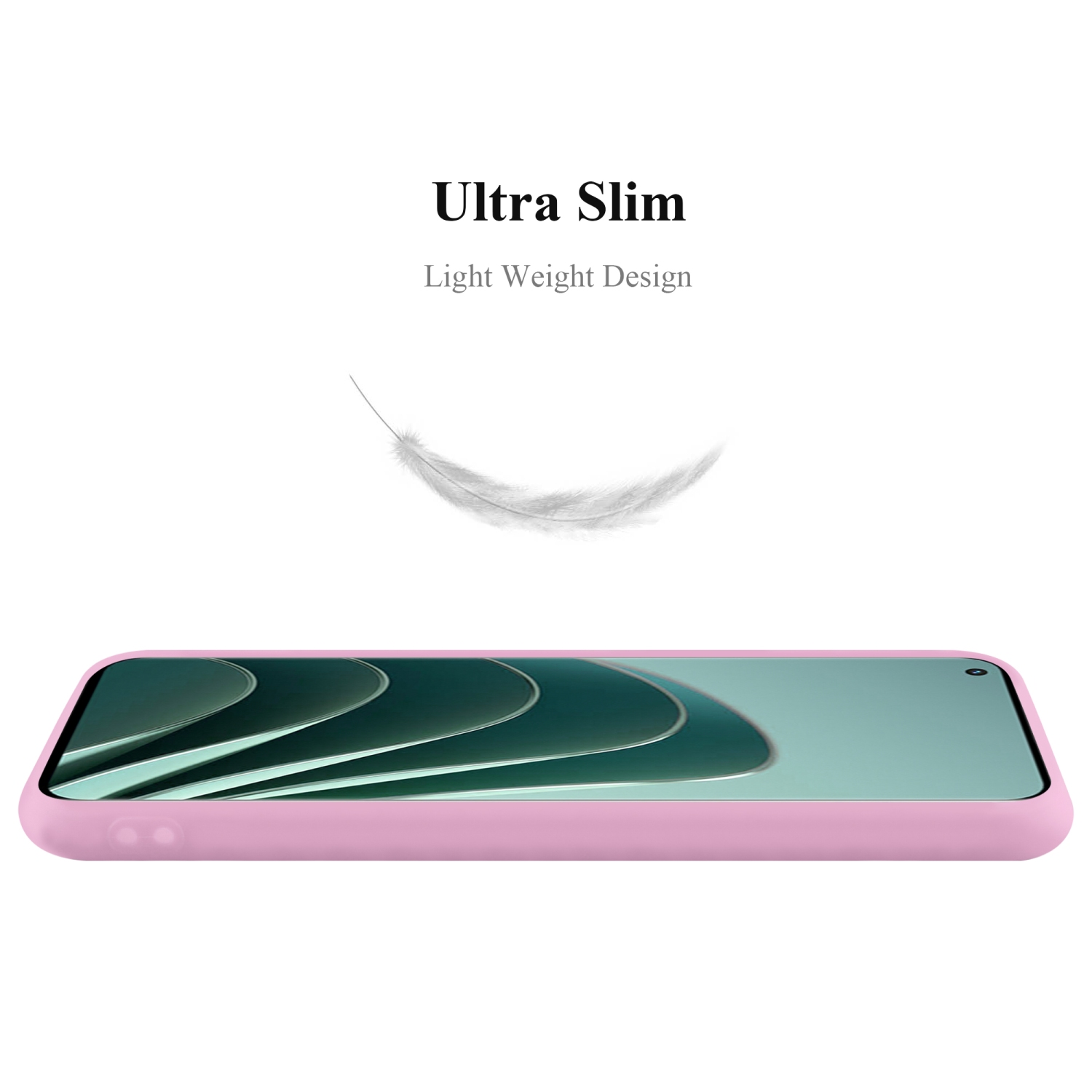 Pinkfarbene Handyhülle abgewinkelt, mit einer darüber schwebenden Feder. Text: Ultra Slim, Light Weight Design.