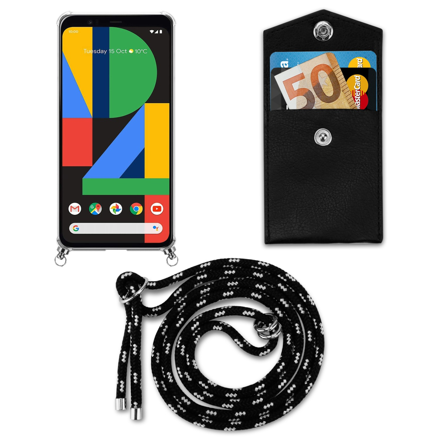 CADORABO Handy Kette SCHWARZ und Ringen, PIXEL Band 4 mit SILBER Google, Kordel Hülle, Backcover, XL, abnehmbarer Silber