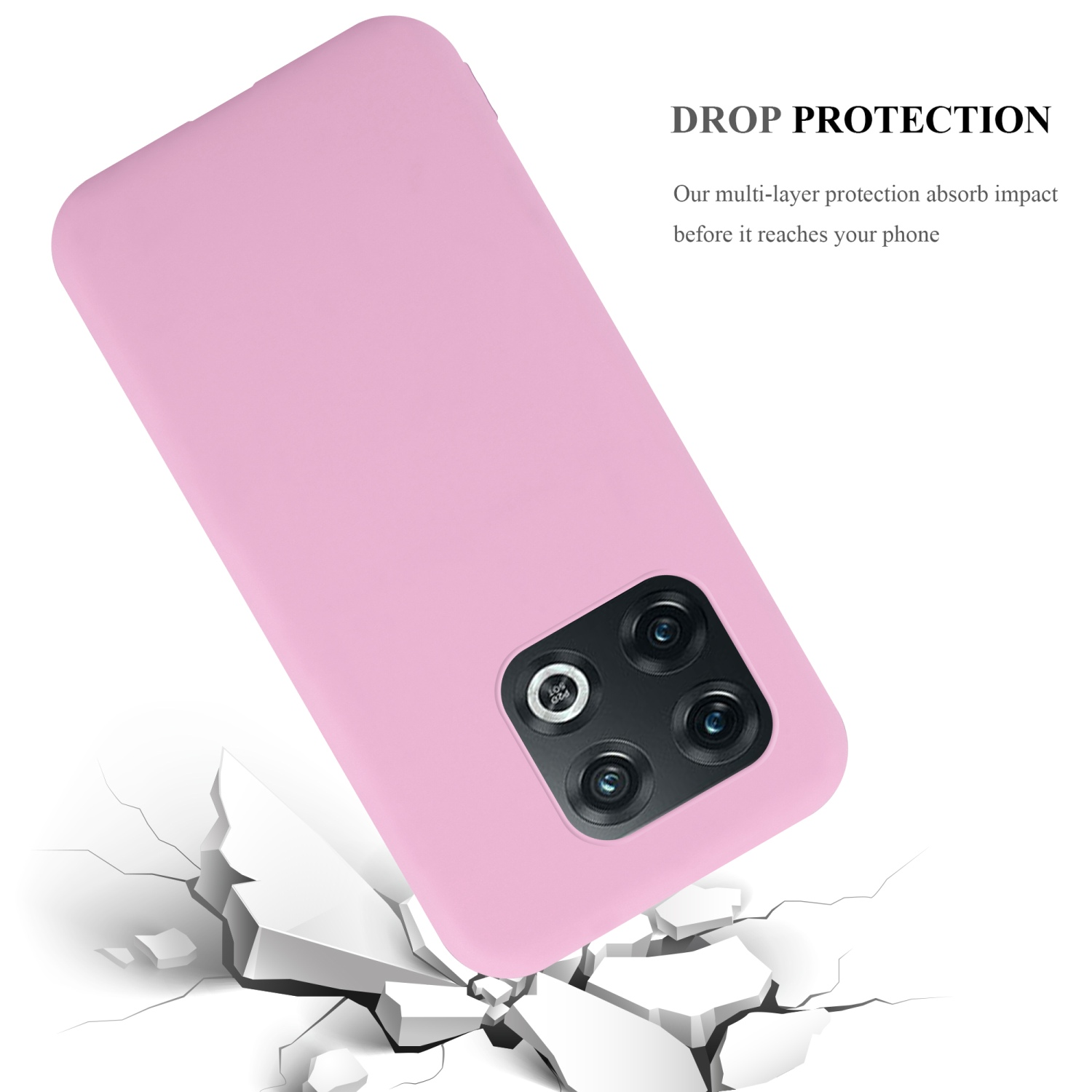 Pinkfarbene Handyhülle wird fallen gelassen. Der Text „Drop Protection“ steht oben. Weißer Hintergrund.