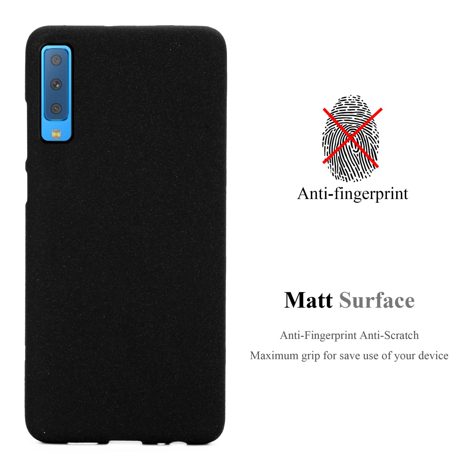 Schwarze Handyhülle mit Anti-Fingerabdruck-Text und Matt Surface Beschreibung.