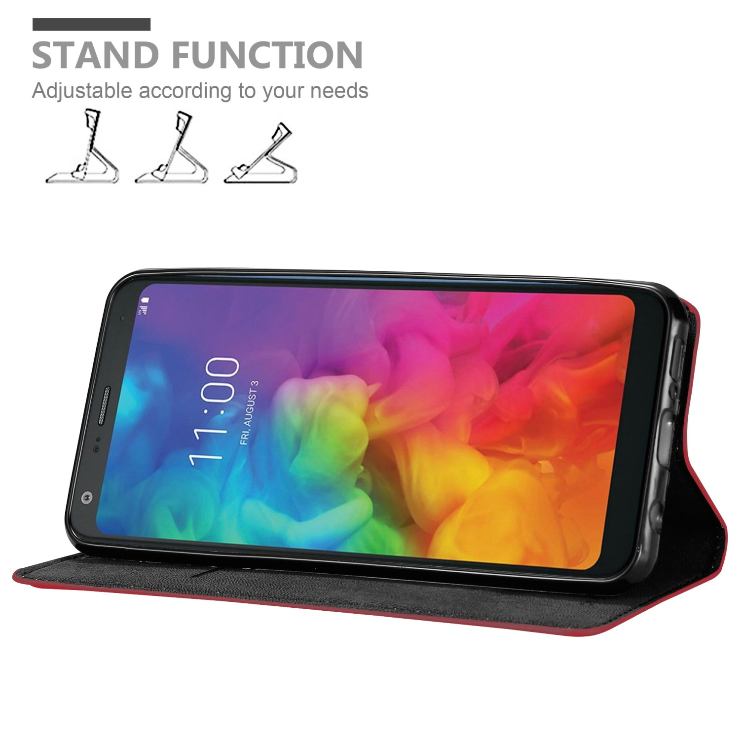 Ein Telefon in einer roten Lederhülle, das auf einem Ständer steht, mit einem bunten Bildschirm.