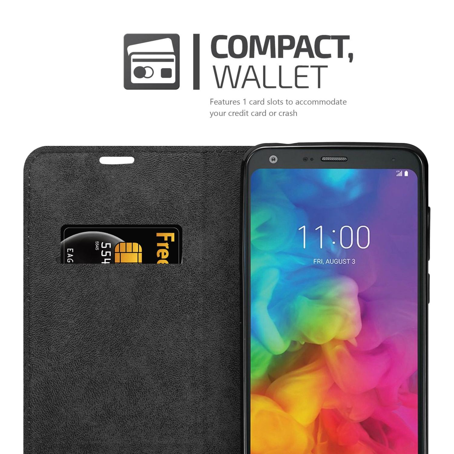 Schwarze Handyhülle mit Kartenfach. Das Telefon zeigt eine farbenfrohe Oberfläche. Weißer Hintergrund.