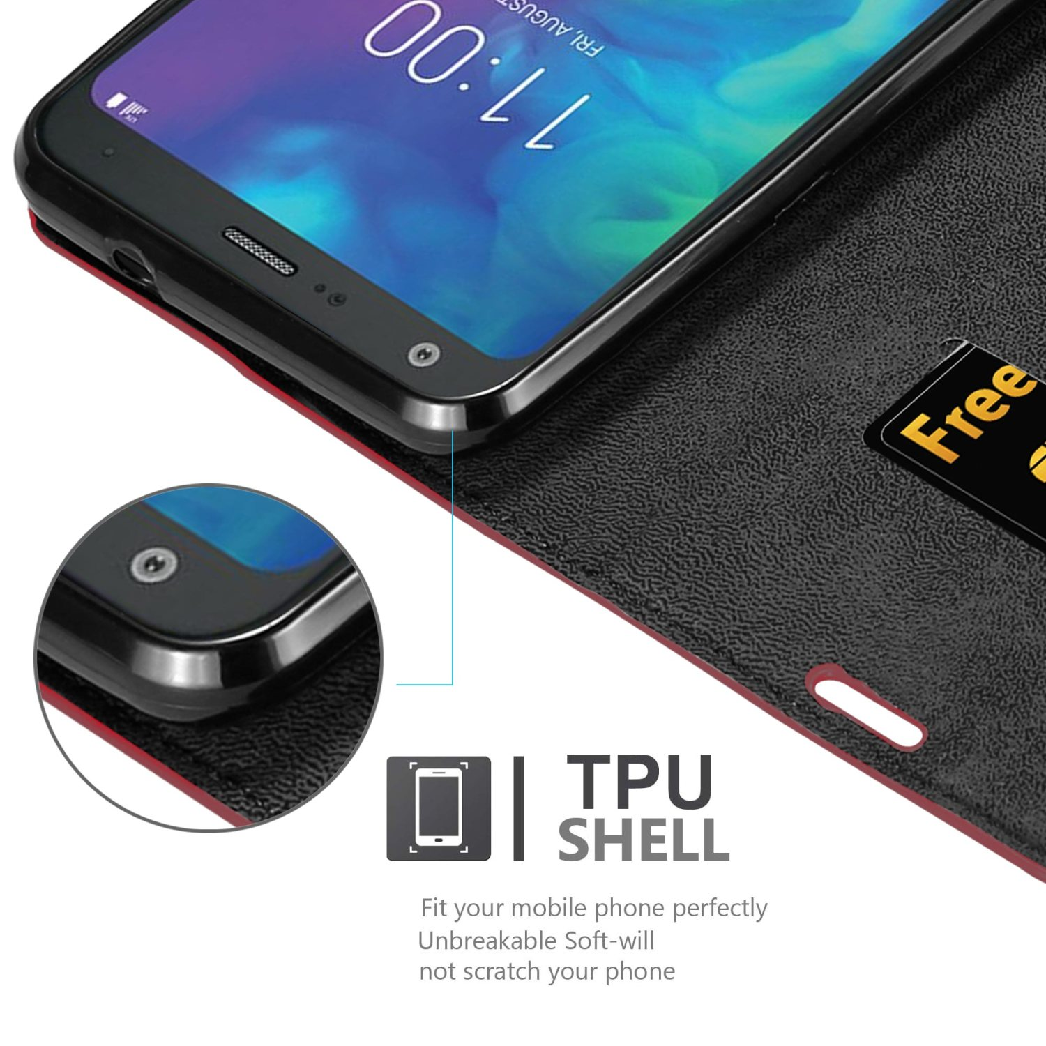 Schwarzes Telefon in Hülle mit rotem Innenraum, TPU-Schalen-Text.