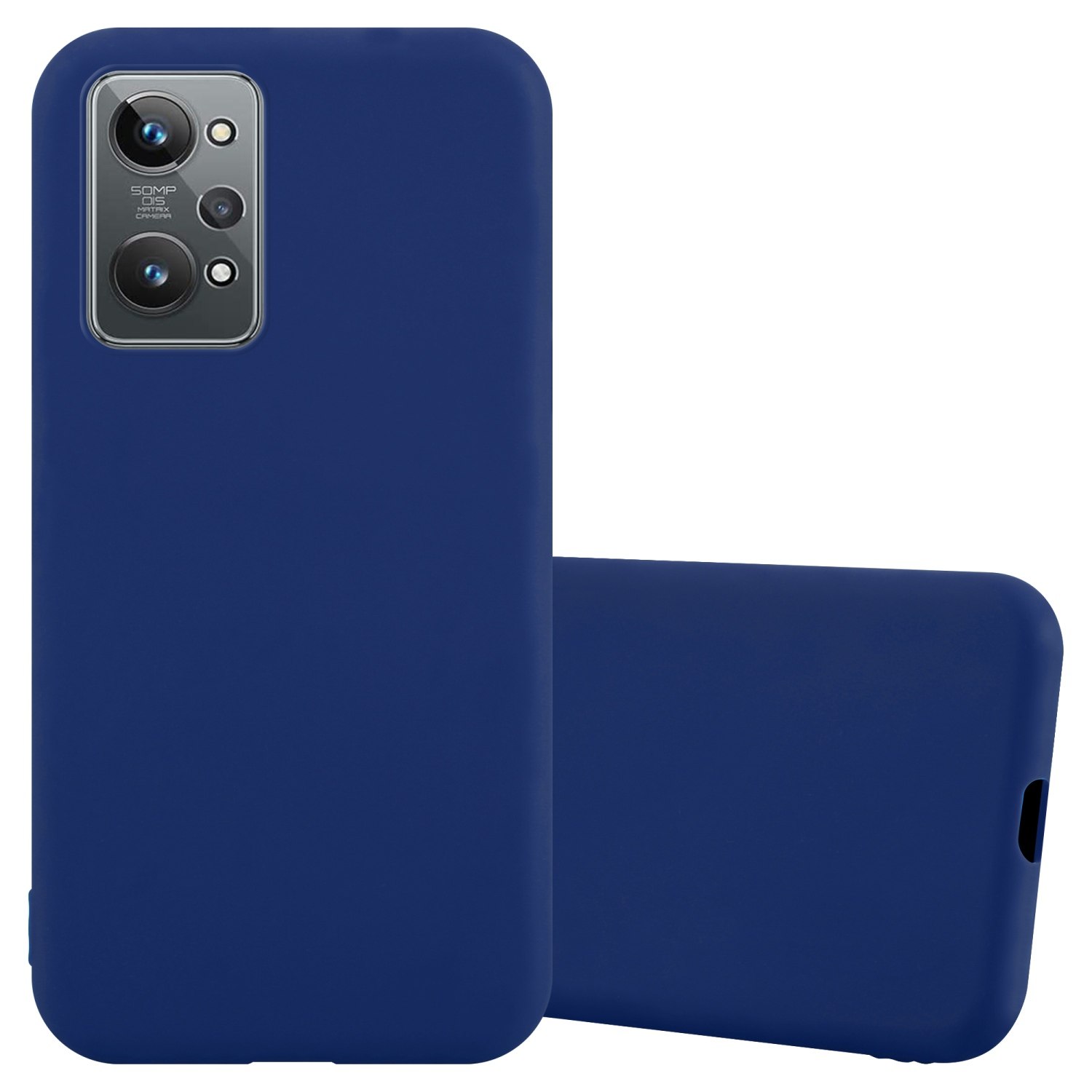 Blaue Handyhülle mit Kamera, auf dem Rücken liegend, neben einer anderen Hülle.