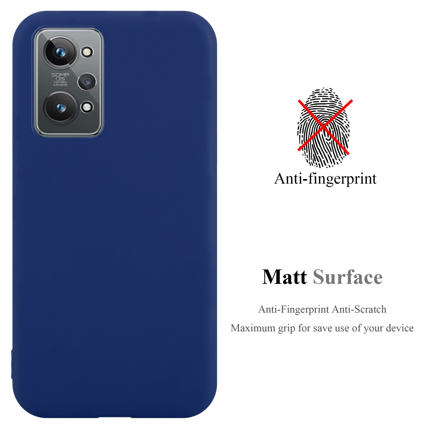 Blaue Handyhülle mit Kamera, Anti-Fingerprint-Text. Text: Matt Oberfläche, Anti-Kratzer, maximaler Grip.