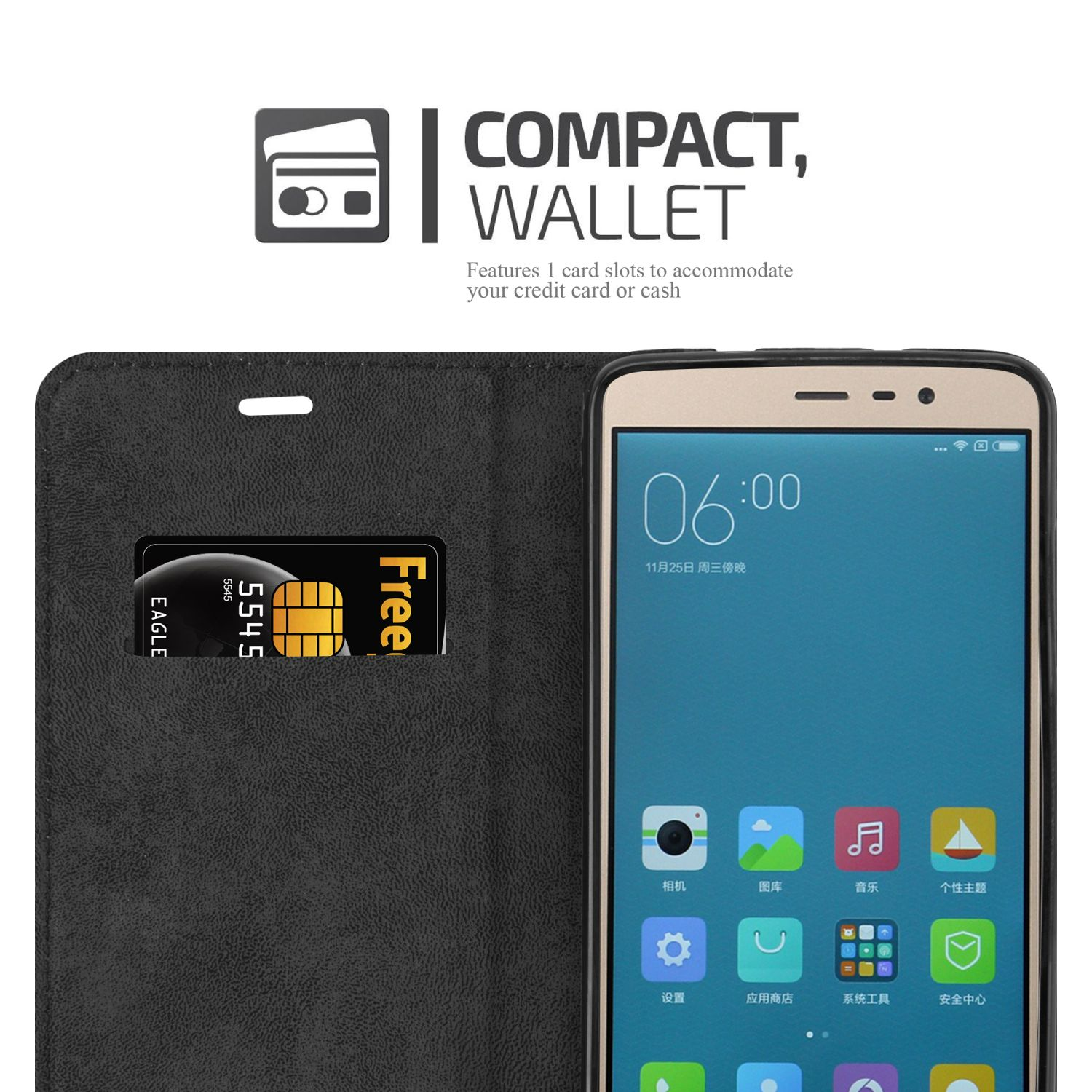 Ein Telefon mit geöffneter Brieftasche, Kreditkarte und Telefonbildschirm. Der Text lautet WALLET.