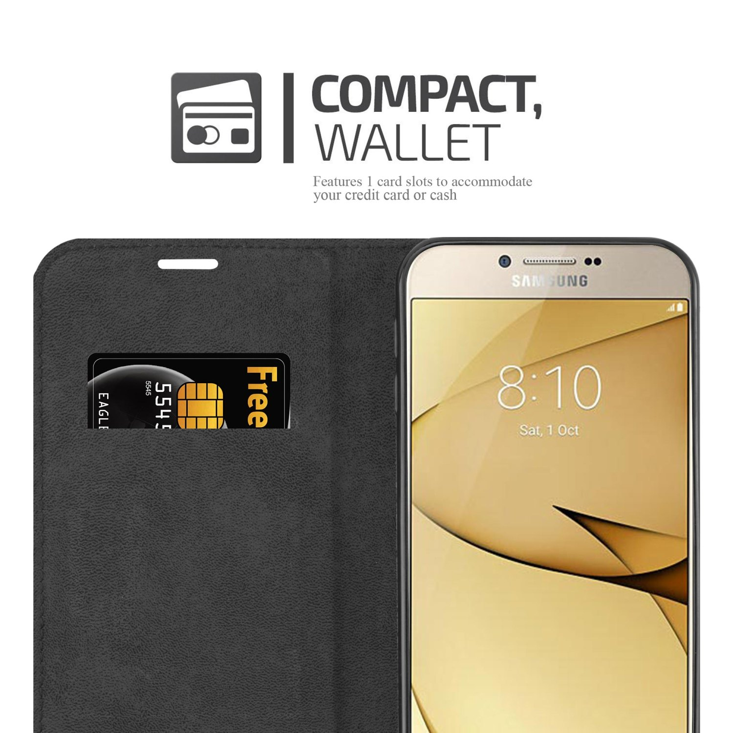 Ein Telefon in einer schwarzen Brieftaschenhülle mit Kreditkartenfach und sichtbarer Kreditkarte.