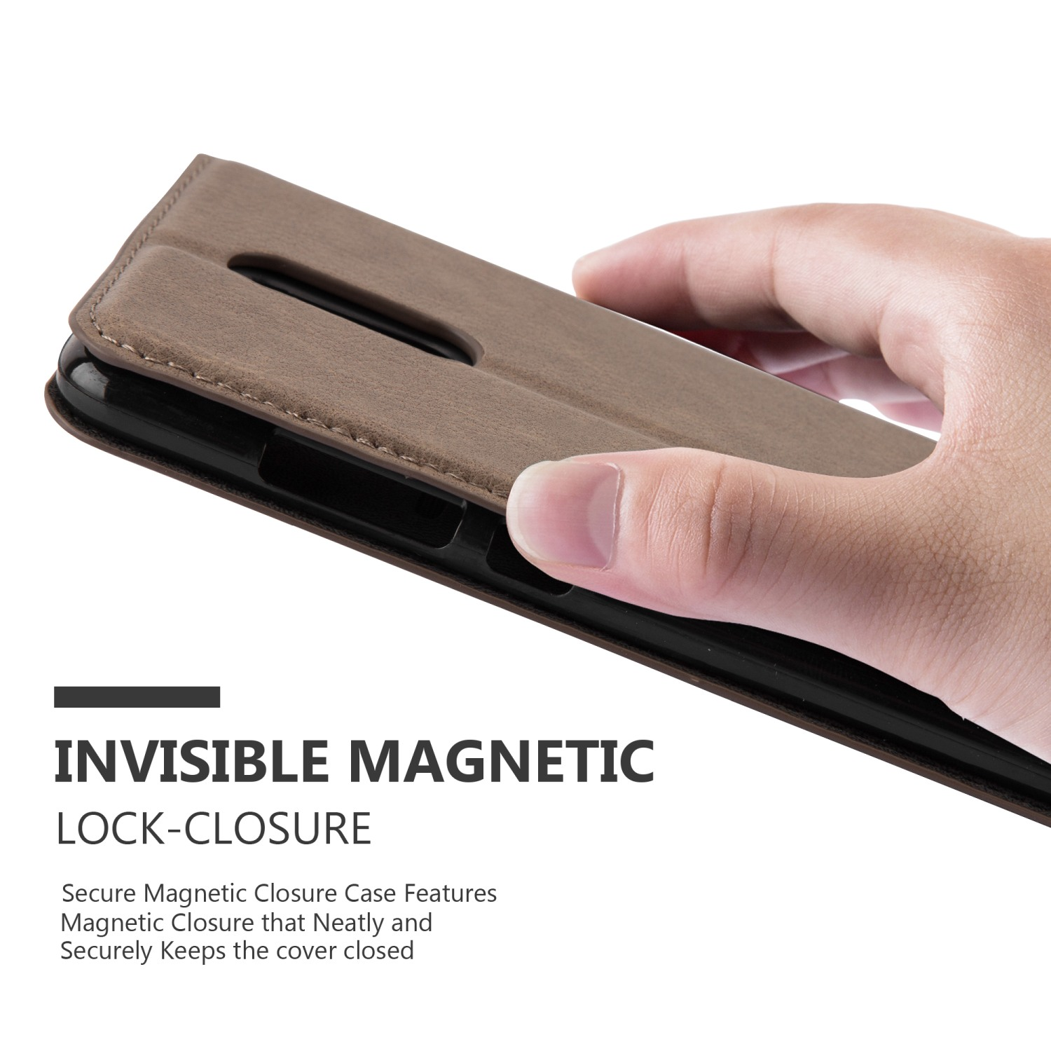 Braune Handyhülle mit Magnetverschluss. Text: Unsichtbarer Magnetverschluss. Hand hält.