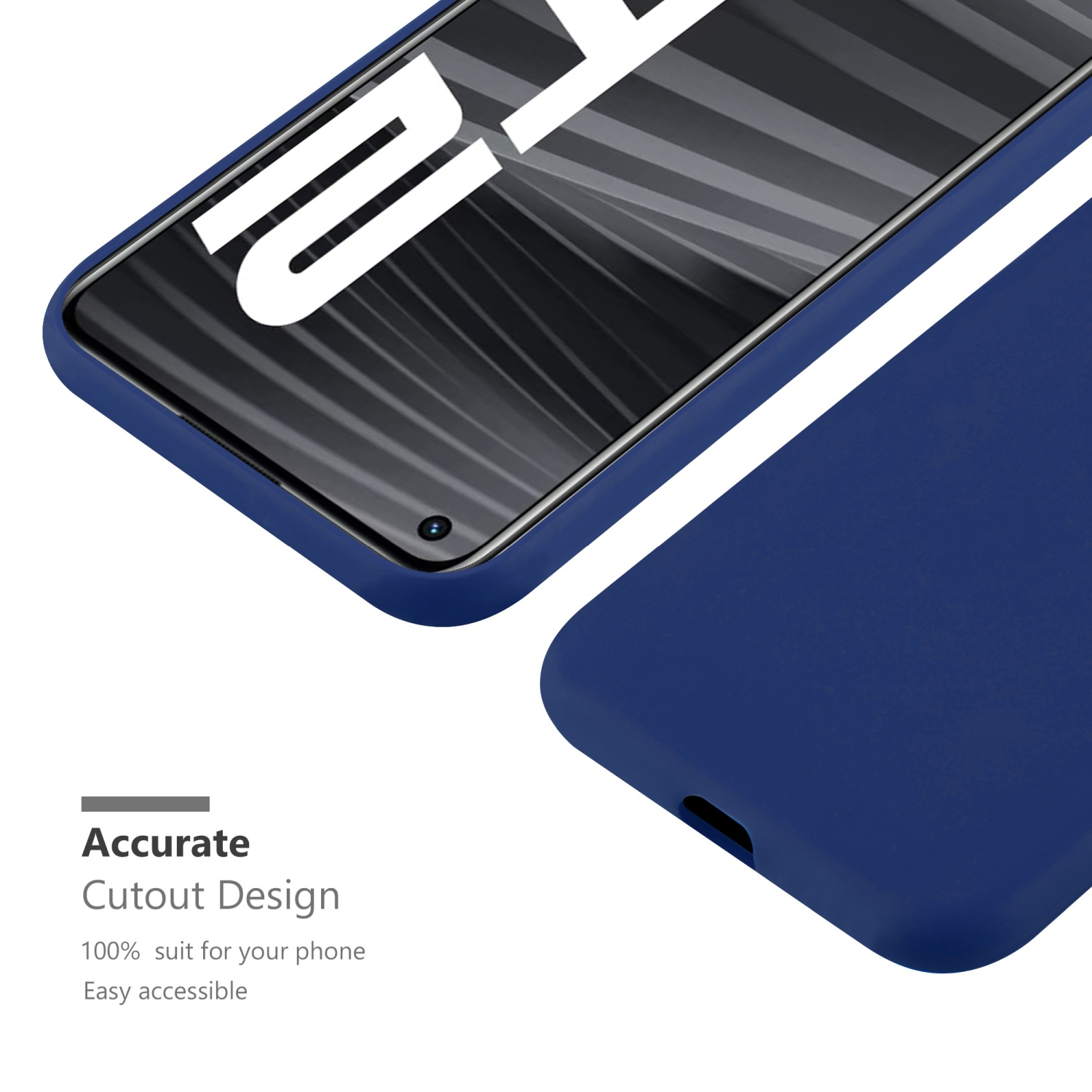 Nahaufnahme einer blauen Handyhülle mit sichtbarem Telefonbildschirm.