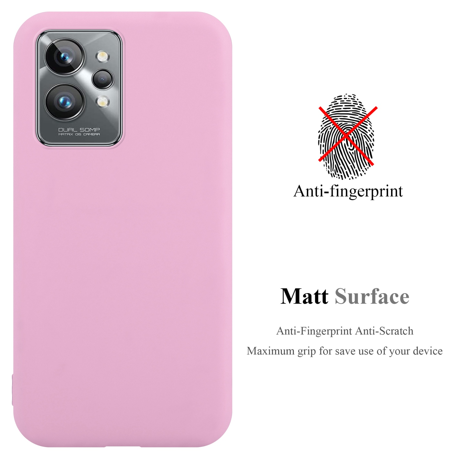 Rosa Handyhülle mit Text 'Anti-fingerprint' und 'Matt Surface'.
