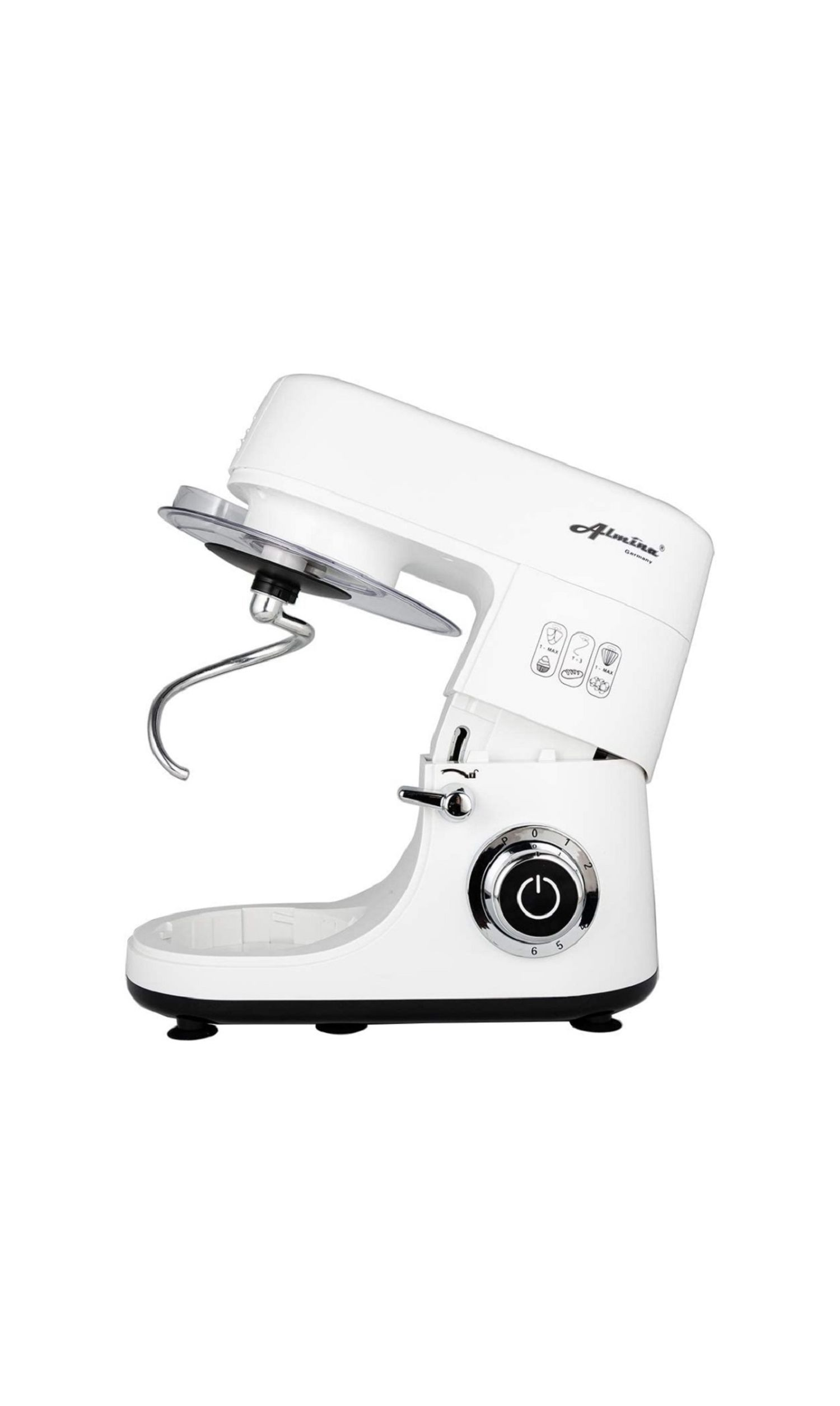 Weißer Standmixer mit gebogenem Haken. Die Basis hat ein Leistungsrad. Isoliert auf weißem Hintergrund.
