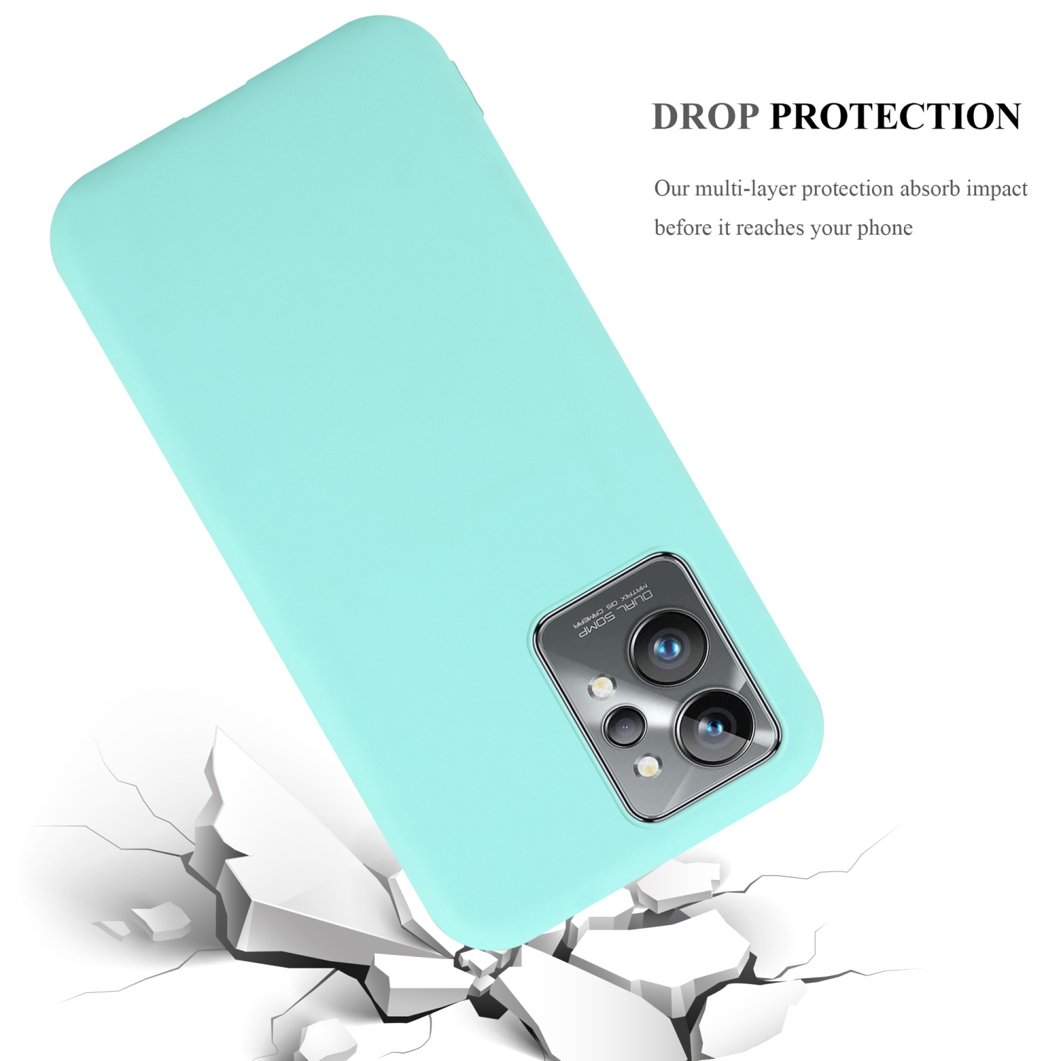 Eine hellblaue Handyhülle mit Kameramodul auf rissigem Boden. Der Text lautet DROP PROTECTION.