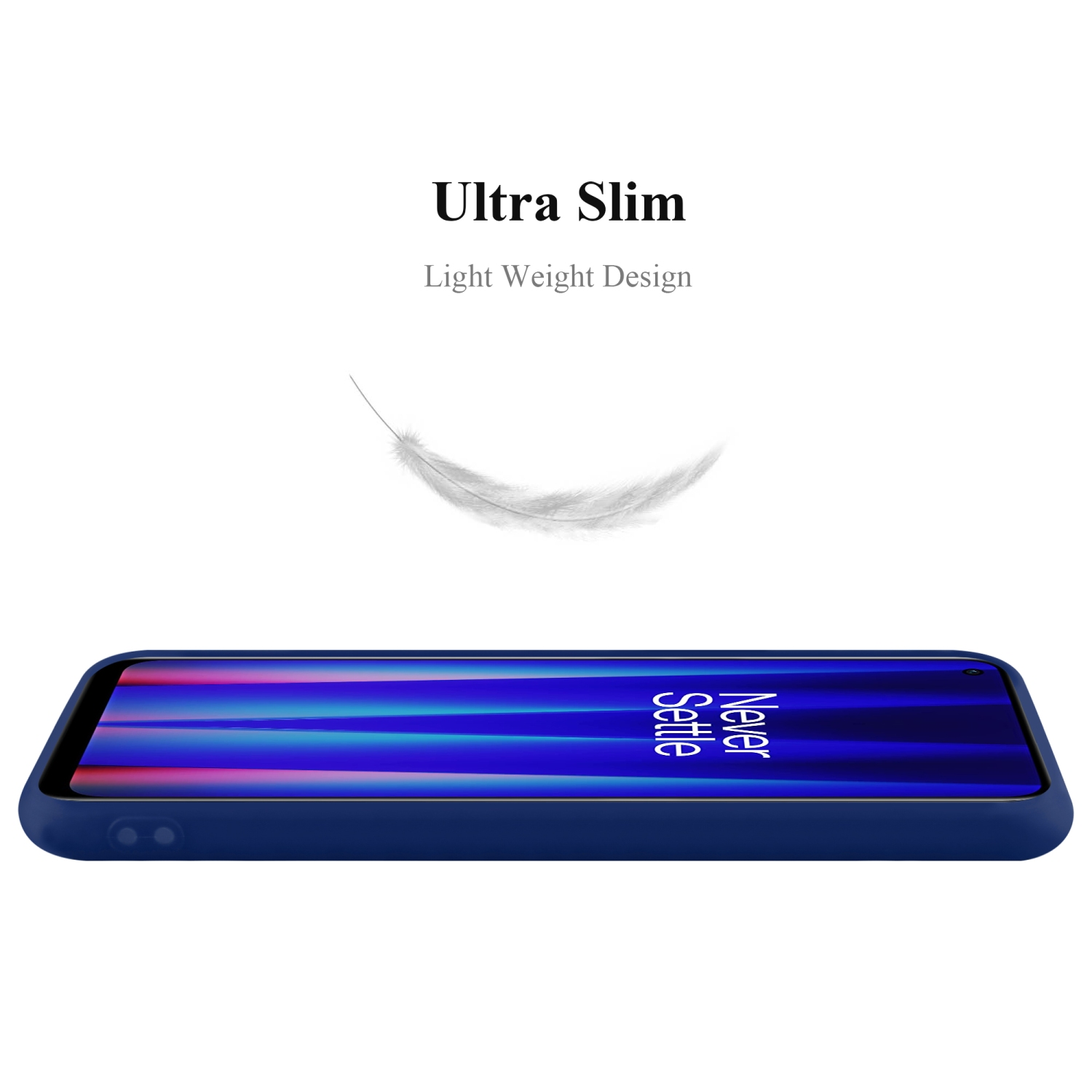 Ein blaues Telefon mit einer blauen Hülle, der Text lautet "Never Settle". Eine Feder schwebt darüber.