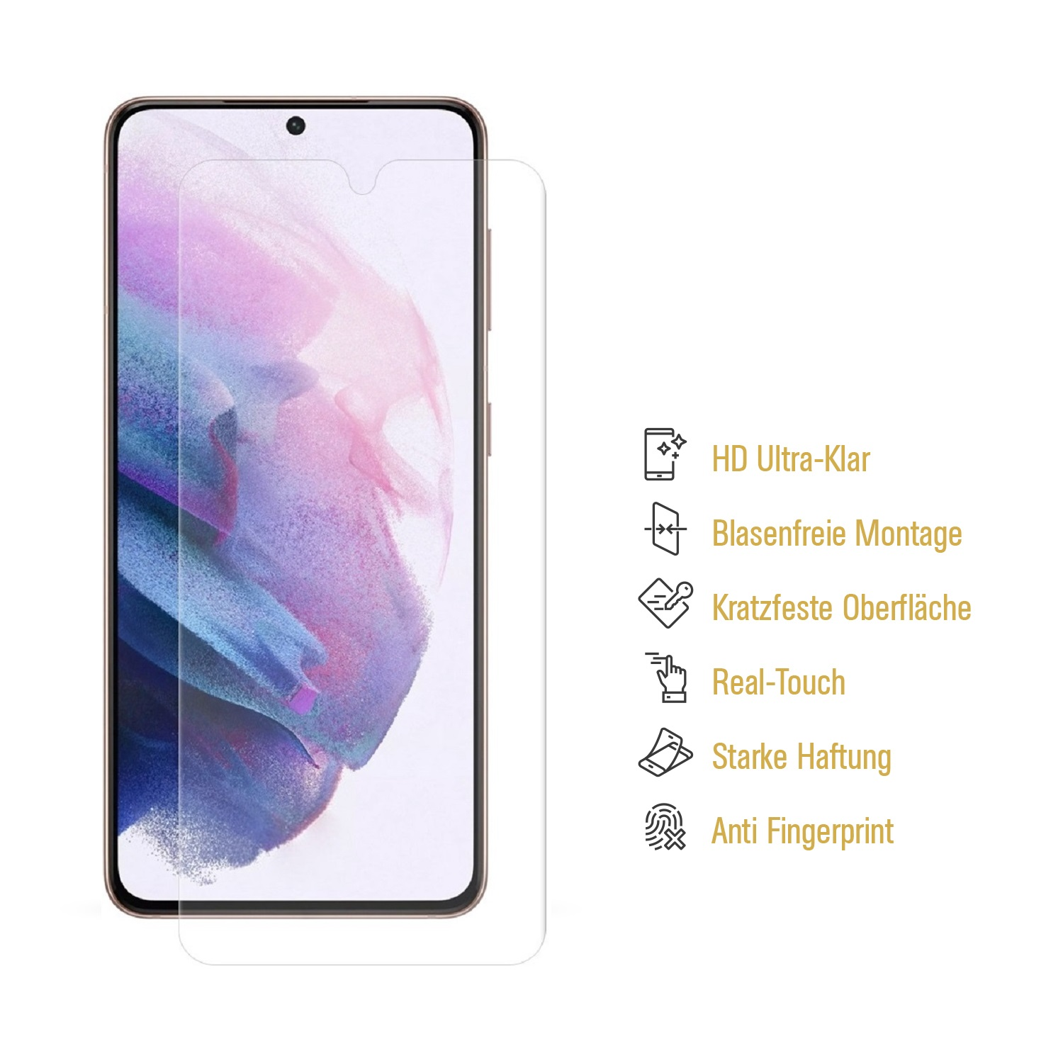 Ein Displayschutz neben einem Telefon. Text auf dem Displayschutz beschreibt seine Eigenschaften.