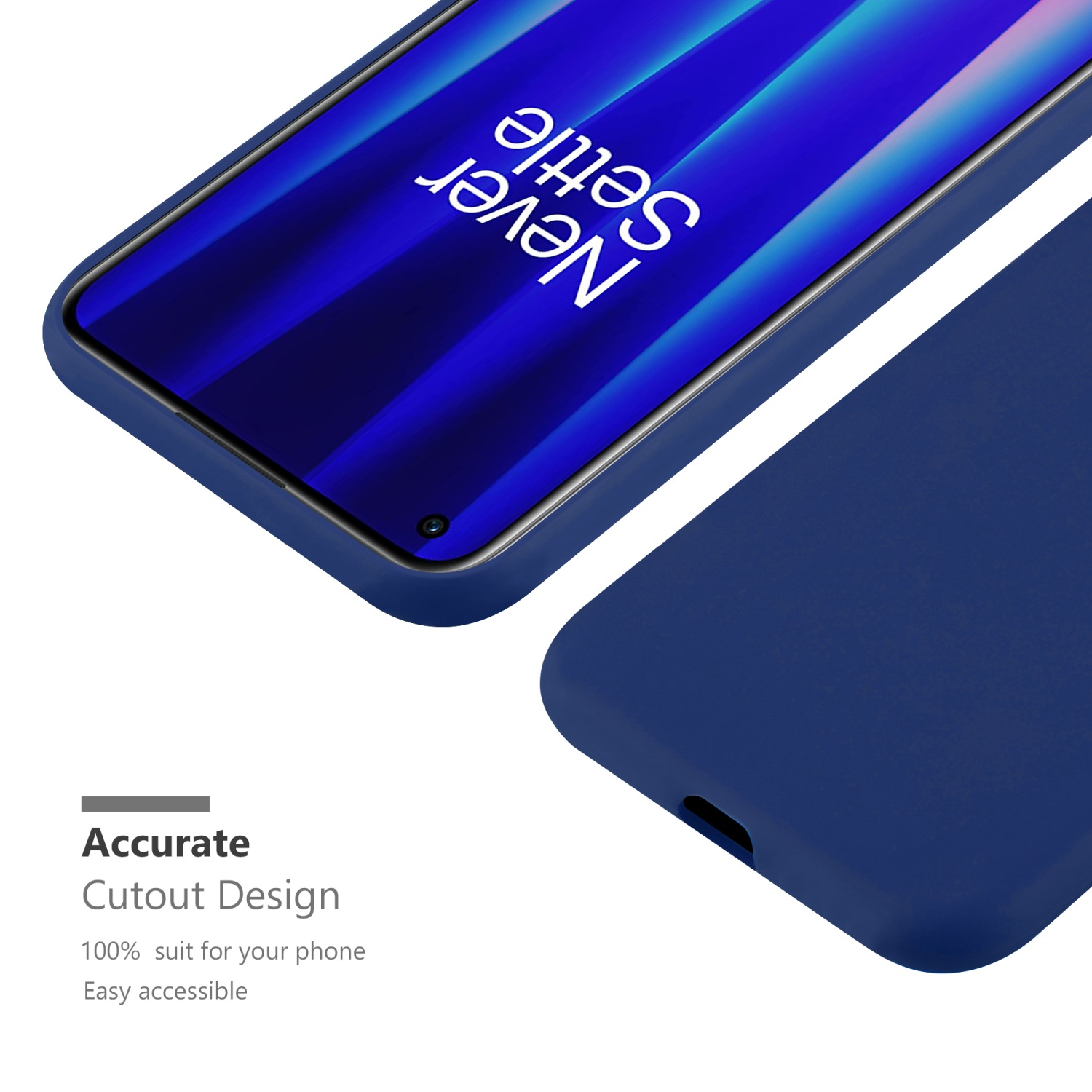 Blaues Telefon und Hülle. Der Text 'Never Settle' wird auf dem Bildschirm des Telefons angezeigt.