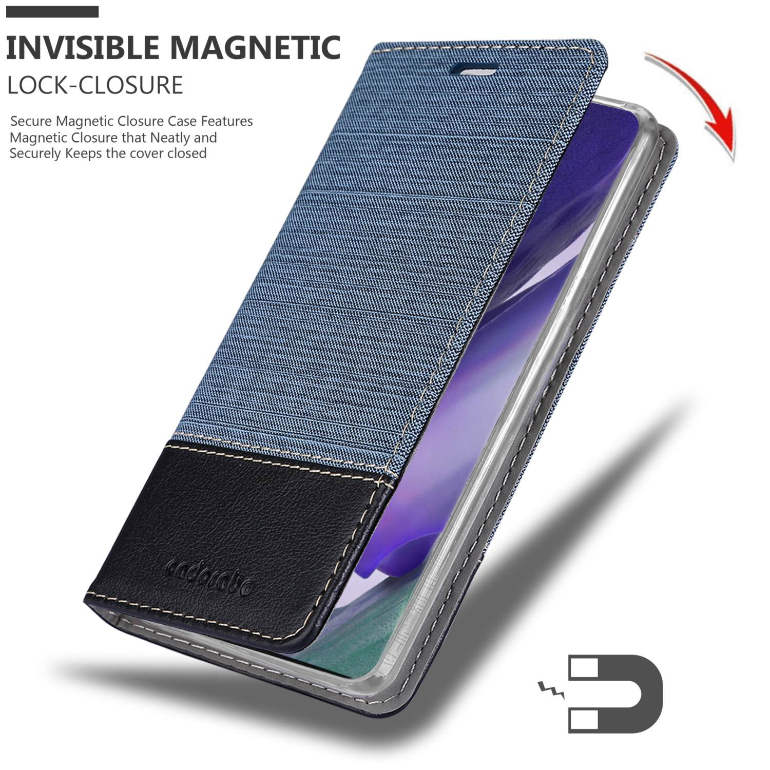 La custodia del telefono è aperta, mostrando il telefono. La custodia ha un design in denim con un fondo nero.