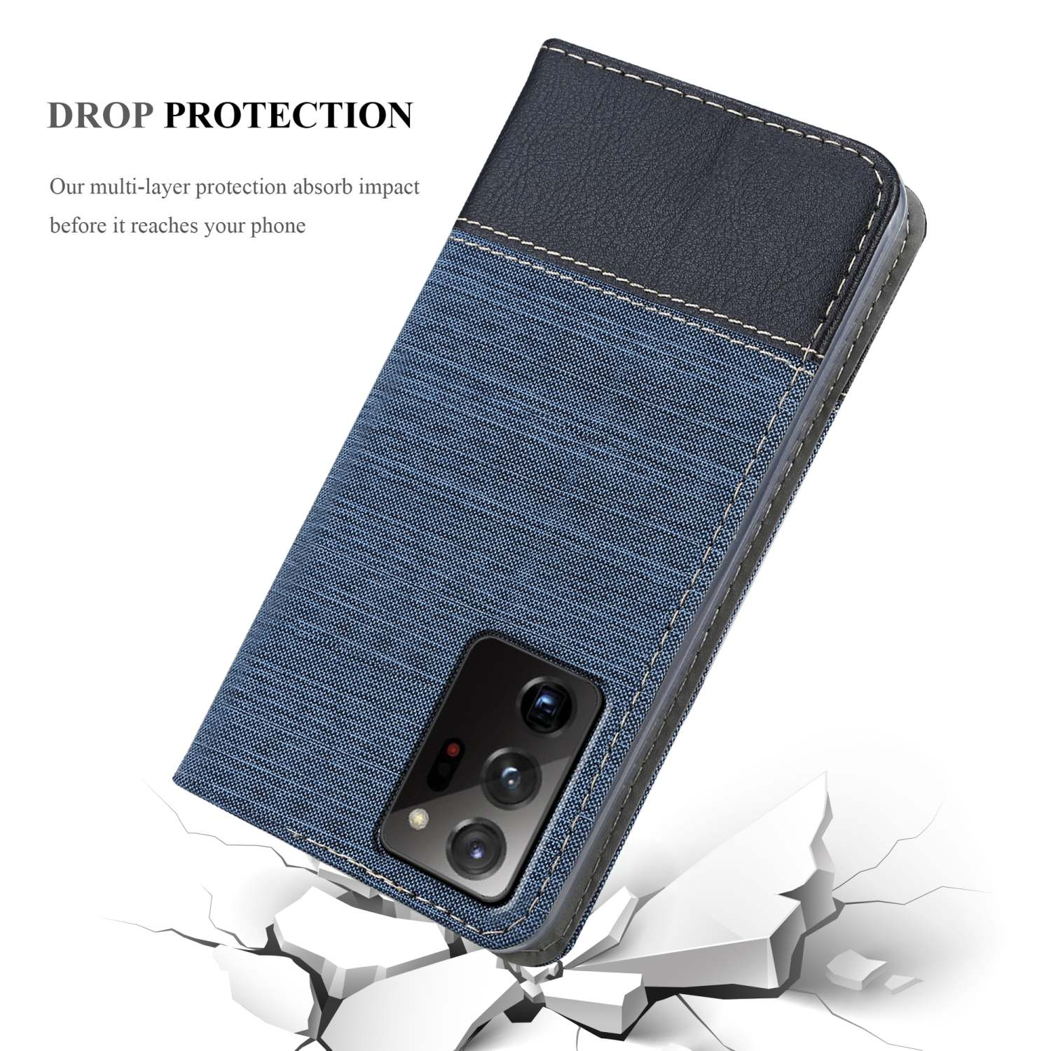 Custodia per telefono blu e denim. La custodia è davanti a terra screpolata.