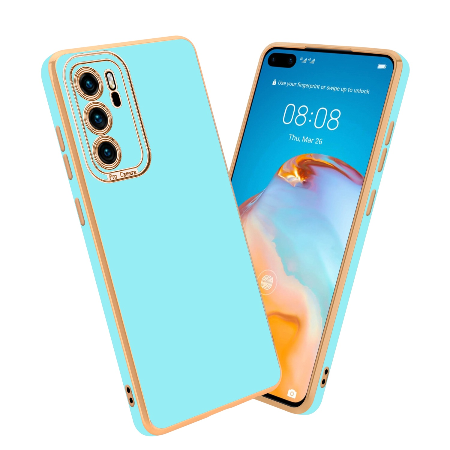 Hellblaue Handyhülle mit goldenem Zierrat. Der Telefonbildschirm ist rechts sichtbar und zeigt ein Schlosssymbol.