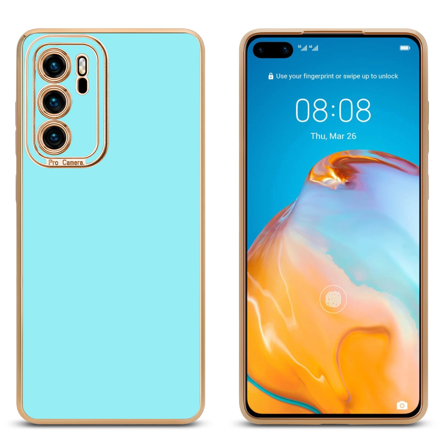 Zwei Telefone. Eines mit blauem Gehäuse und das andere zeigt einen Bildschirm. Die Hüllen haben goldene Rahmen.