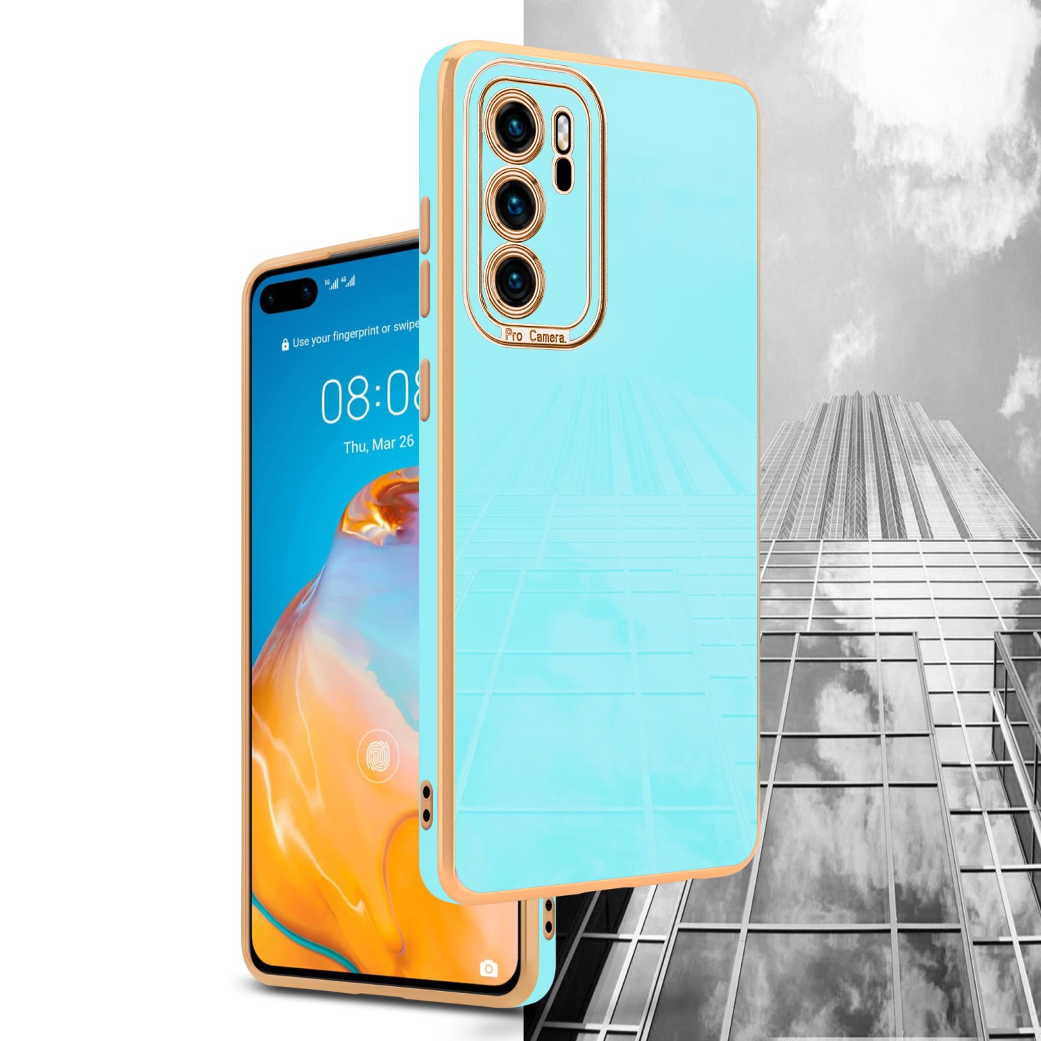 Ein Telefon mit blauer Hülle und goldenem Rahmen. Das Display des Telefons zeigt ein farbenfrohes Bild.