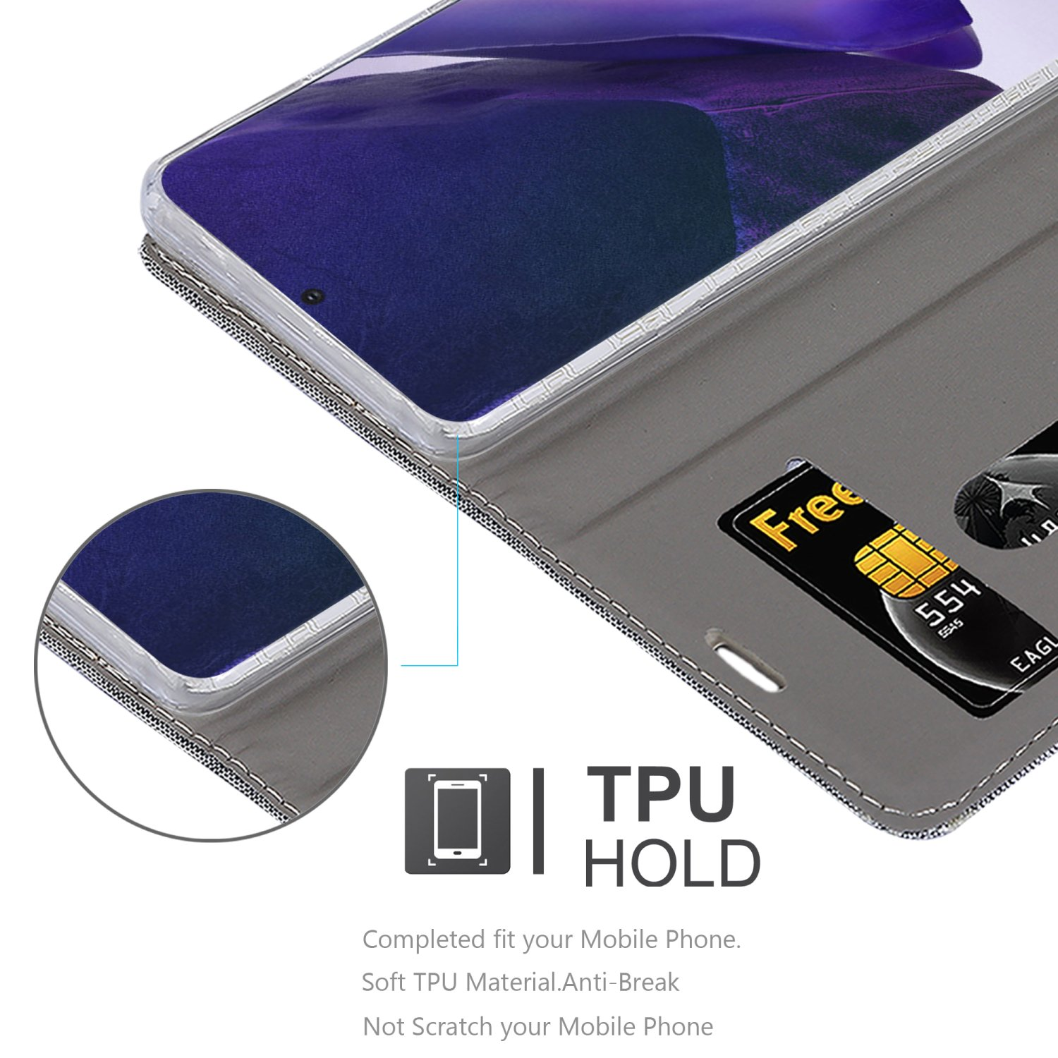 Telefono in custodia grigia con schermo visibile. Testo: TPU HOLD. Sfondo bianco.