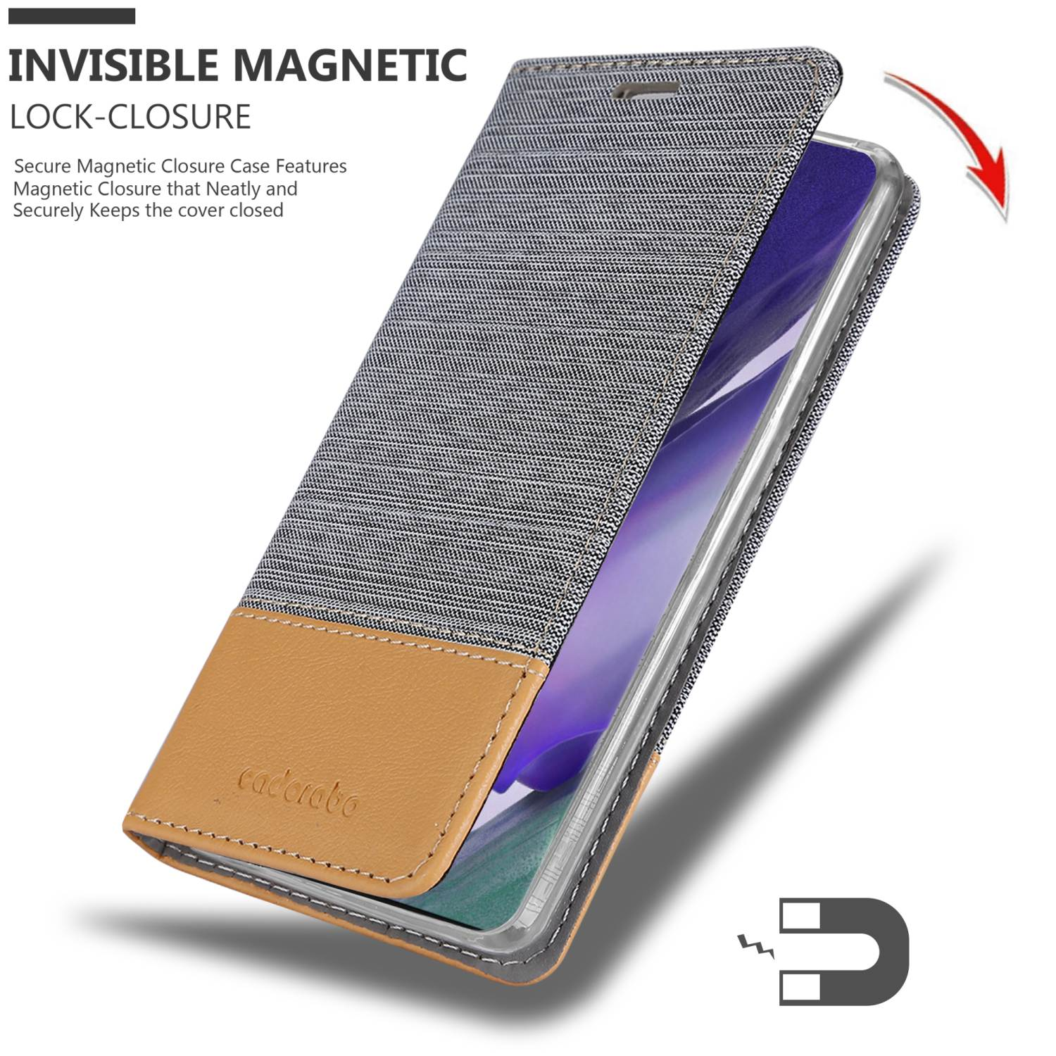 Custodia per telefono con chiusura magnetica. Telefono visibile, con fondo in pelle.