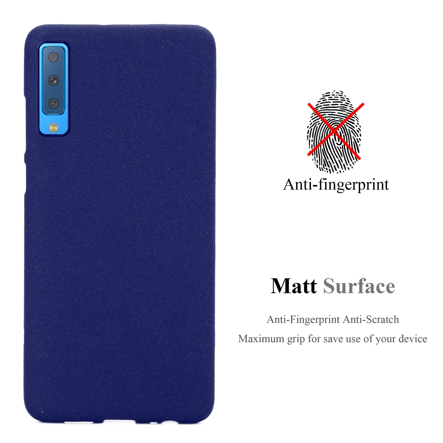 Marineblaue Handyhülle mit Beschreibung gegen Fingerabdrücke und Fingerabdrucksymbol.