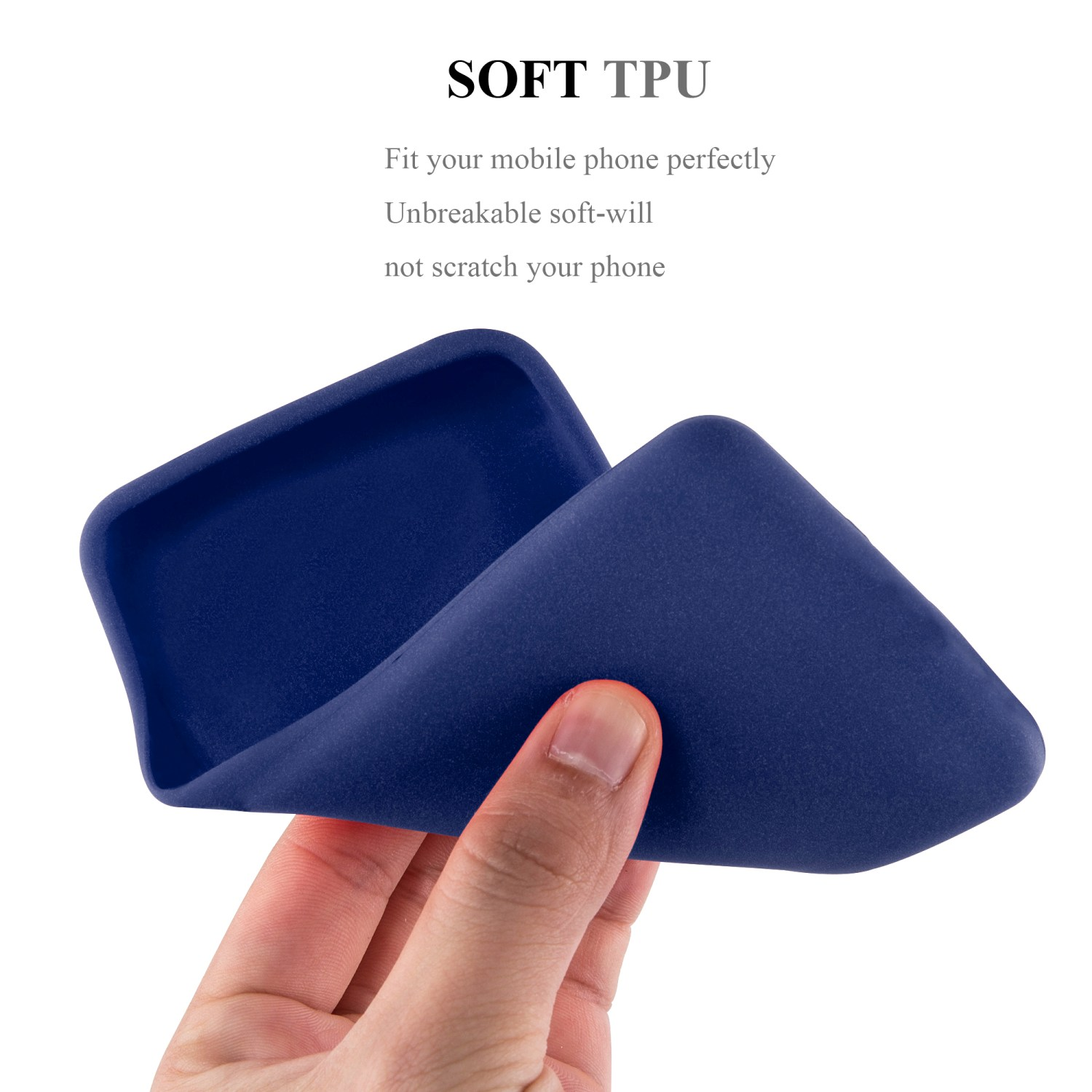 Dunkelblaue Handyhülle wird von Hand gebogen. Text: SOFT TPU. Die Hülle ist flexibel. Weißer Hintergrund.