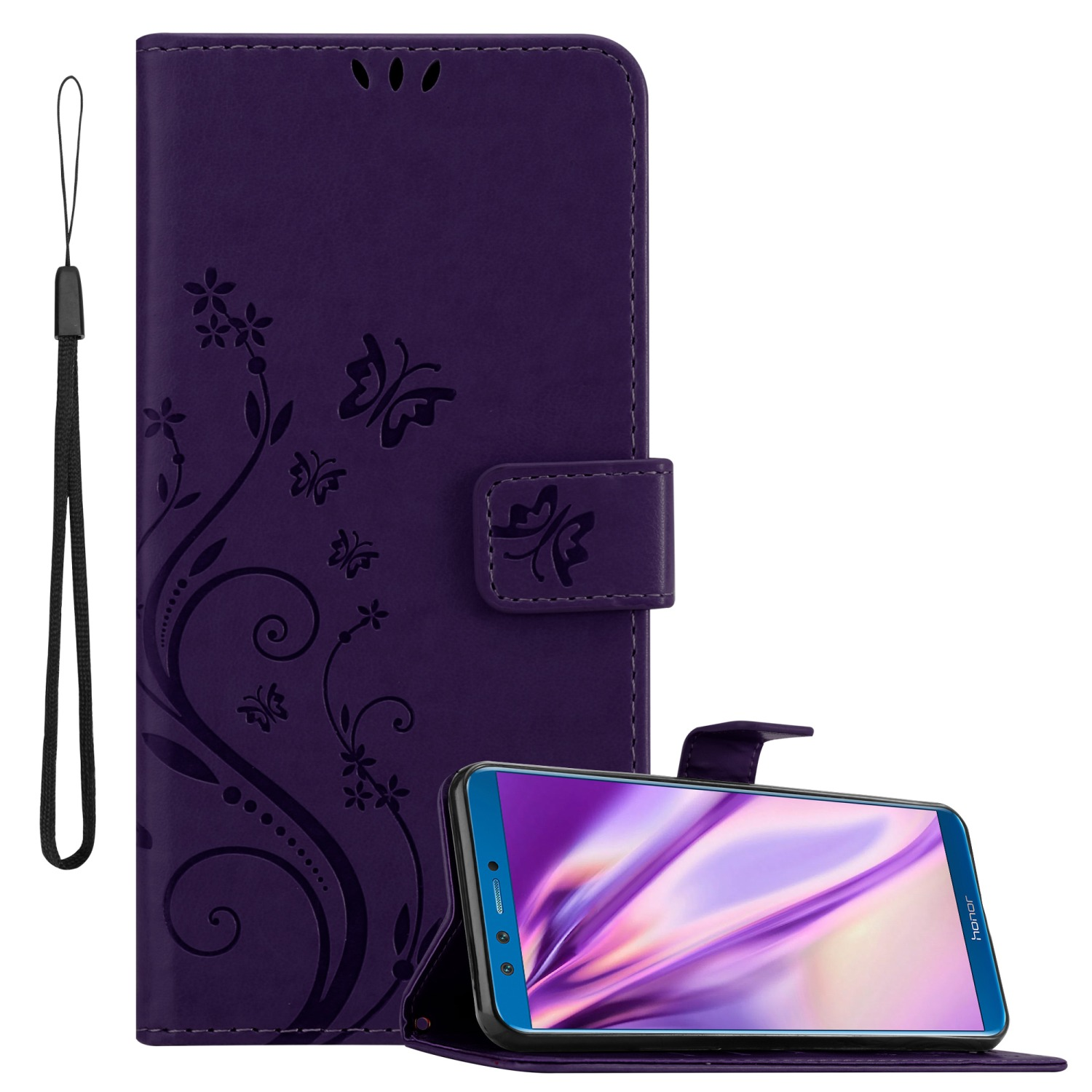 Lila Handyhülle mit floralem Design und einem Telefon. Der Telefonbildschirm zeigt lila Details.