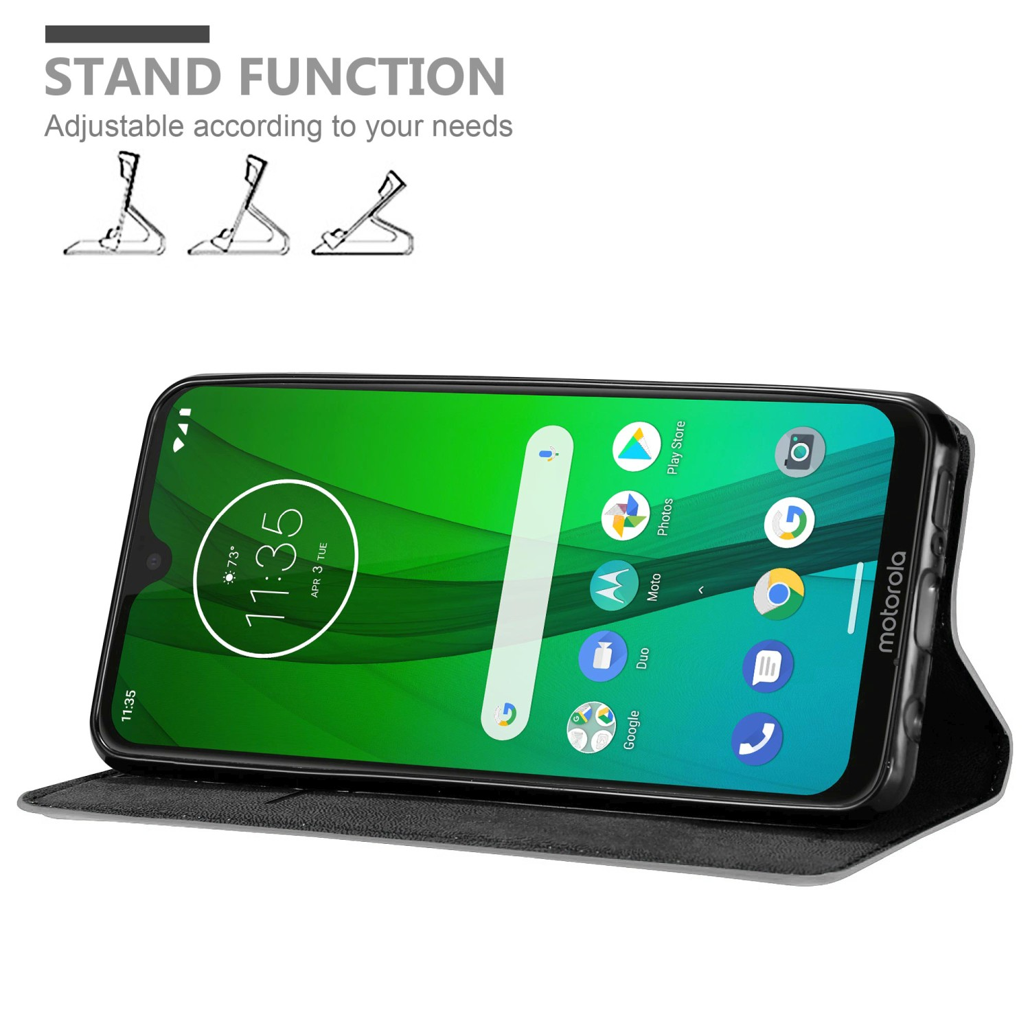 Schwarzes Telefon in einer offenen Hülle mit Ständerfunktion und grünem Hintergrund.