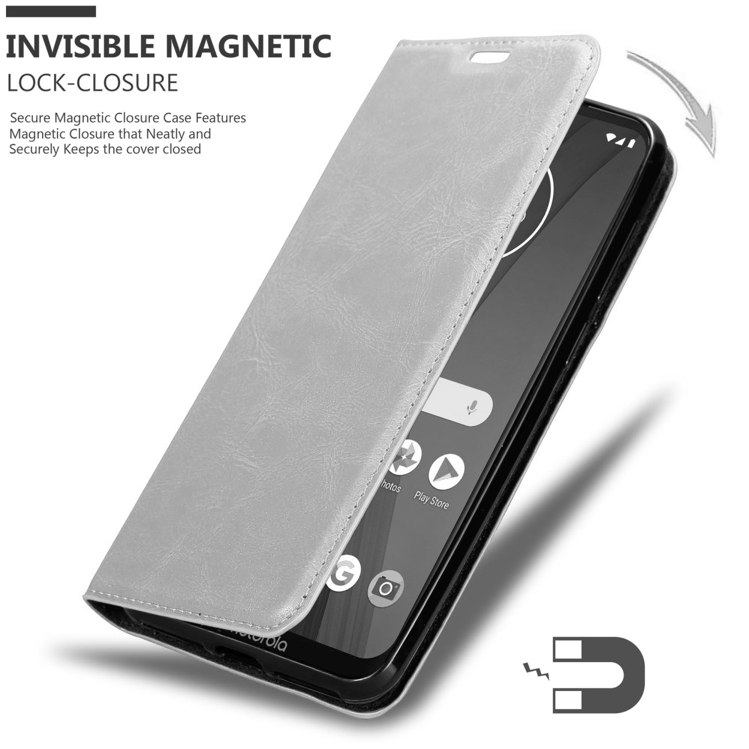 Ein Telefon in einer grauen Lederhülle; die Hülle ist offen.
