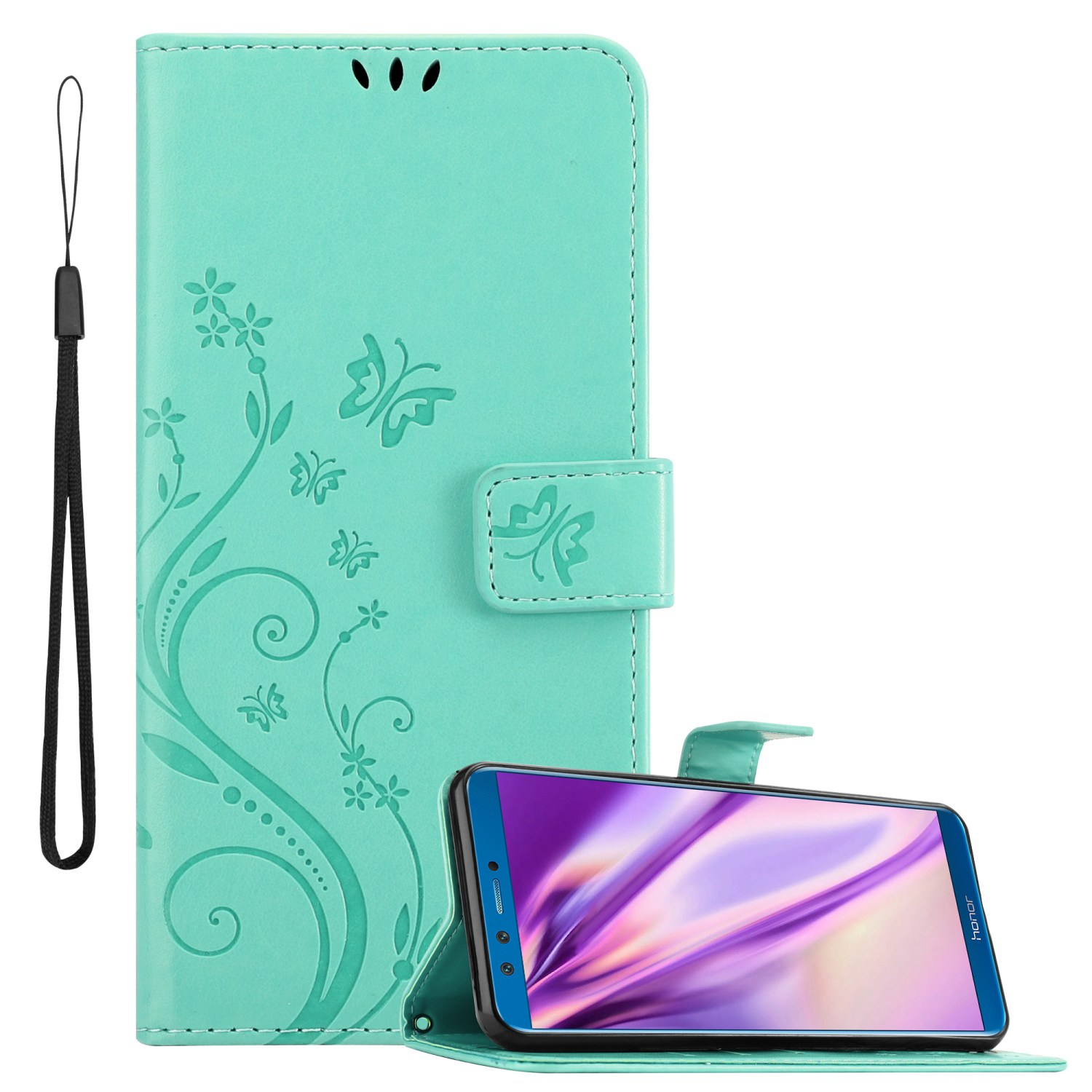 Eine türkisfarbene Handyhülle mit floralem Design, geöffnet, um ein Telefon zu zeigen, auf weißem Hintergrund.