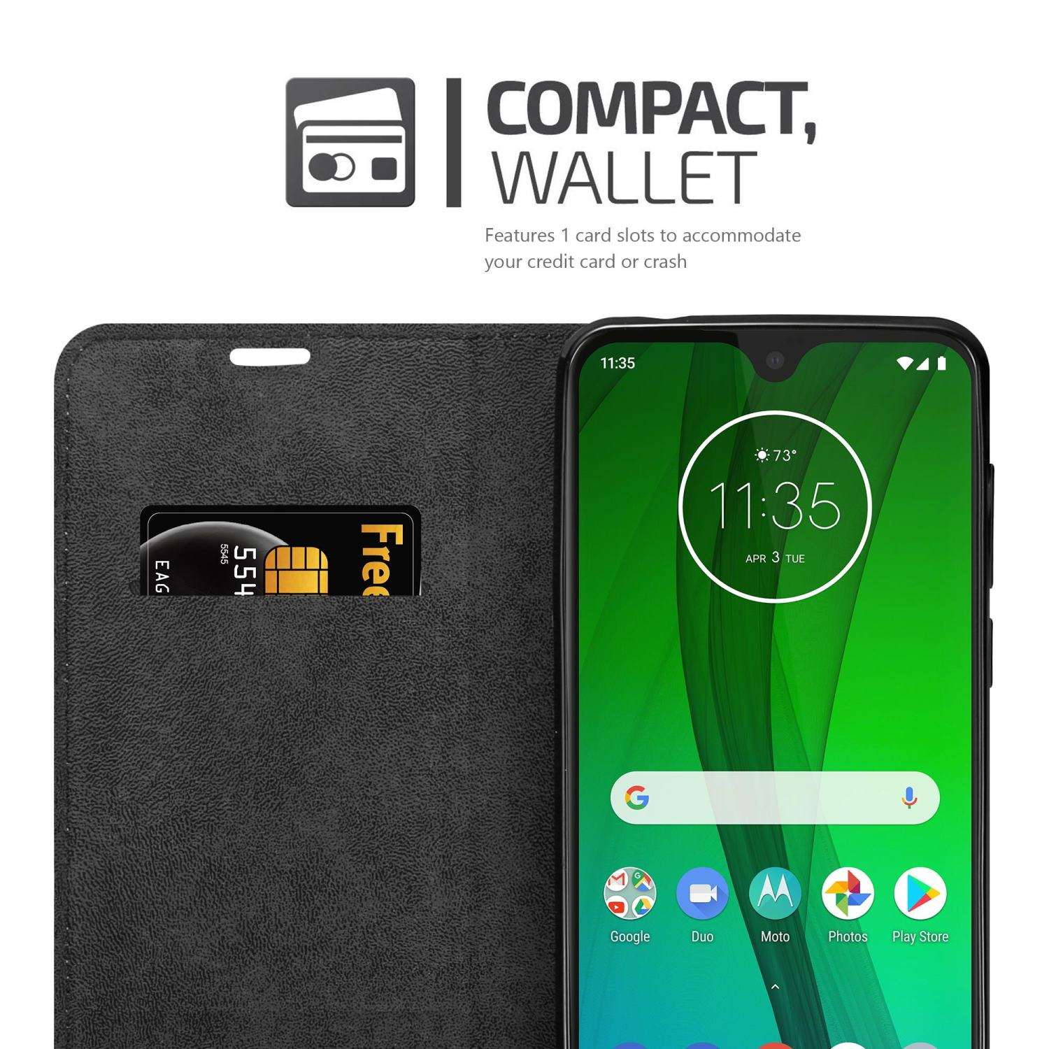 Ein schwarzes Telefon in einer Brieftasche ist geöffnet und zeigt eine Kreditkarte und die Oberfläche des Telefons.