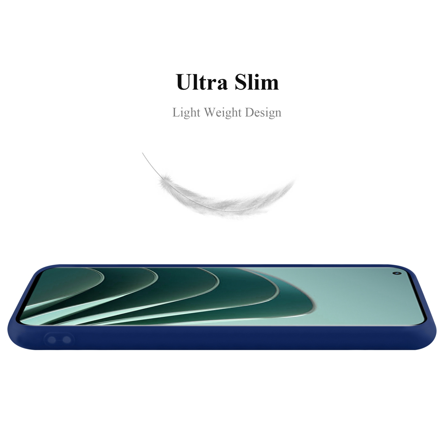Blaue Handyhülle, Seitenansicht, mit Text 'Ultra Slim' und einer schwebenden Feder.