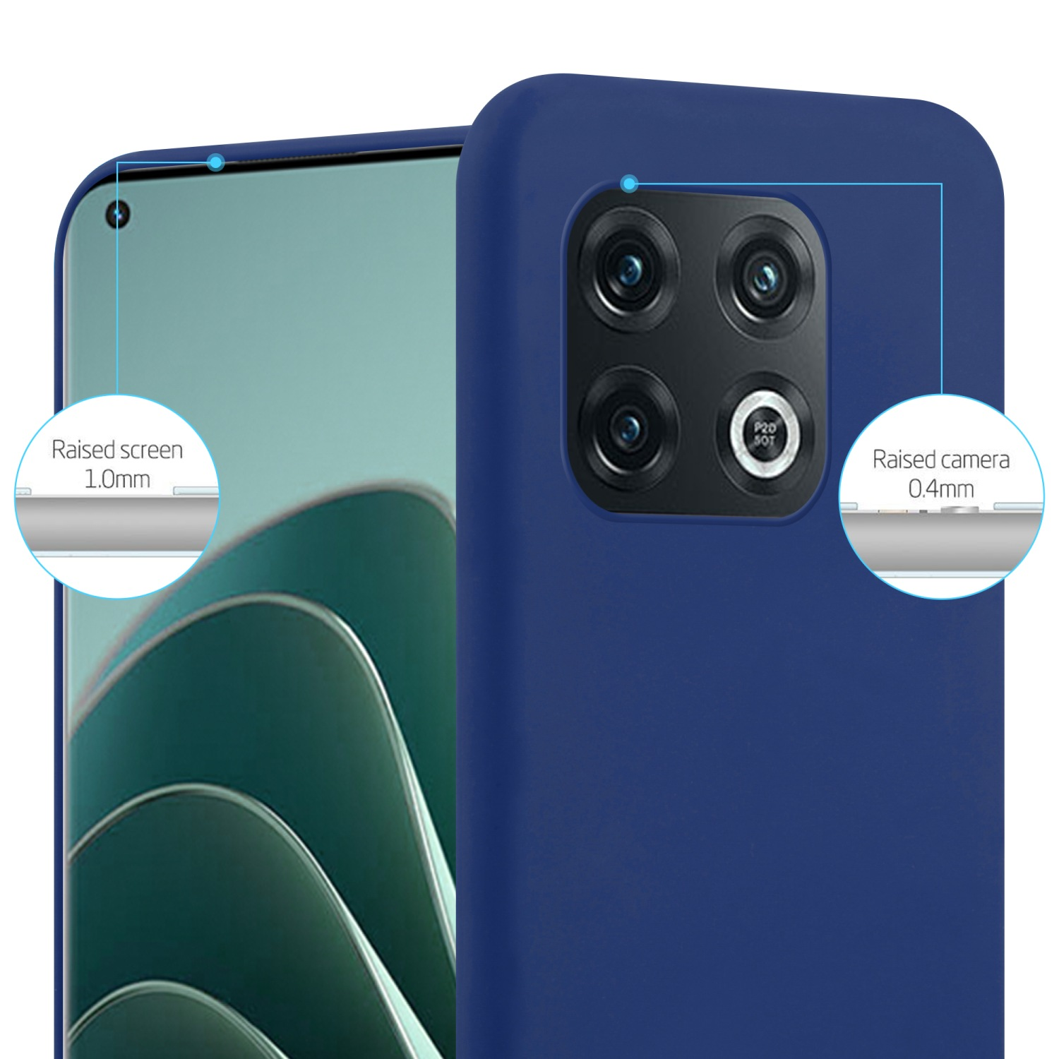 Blaue Handyhülle und Telefon mit Text und Diagrammen, die erhöhten Bildschirm und Kamera anzeigen.