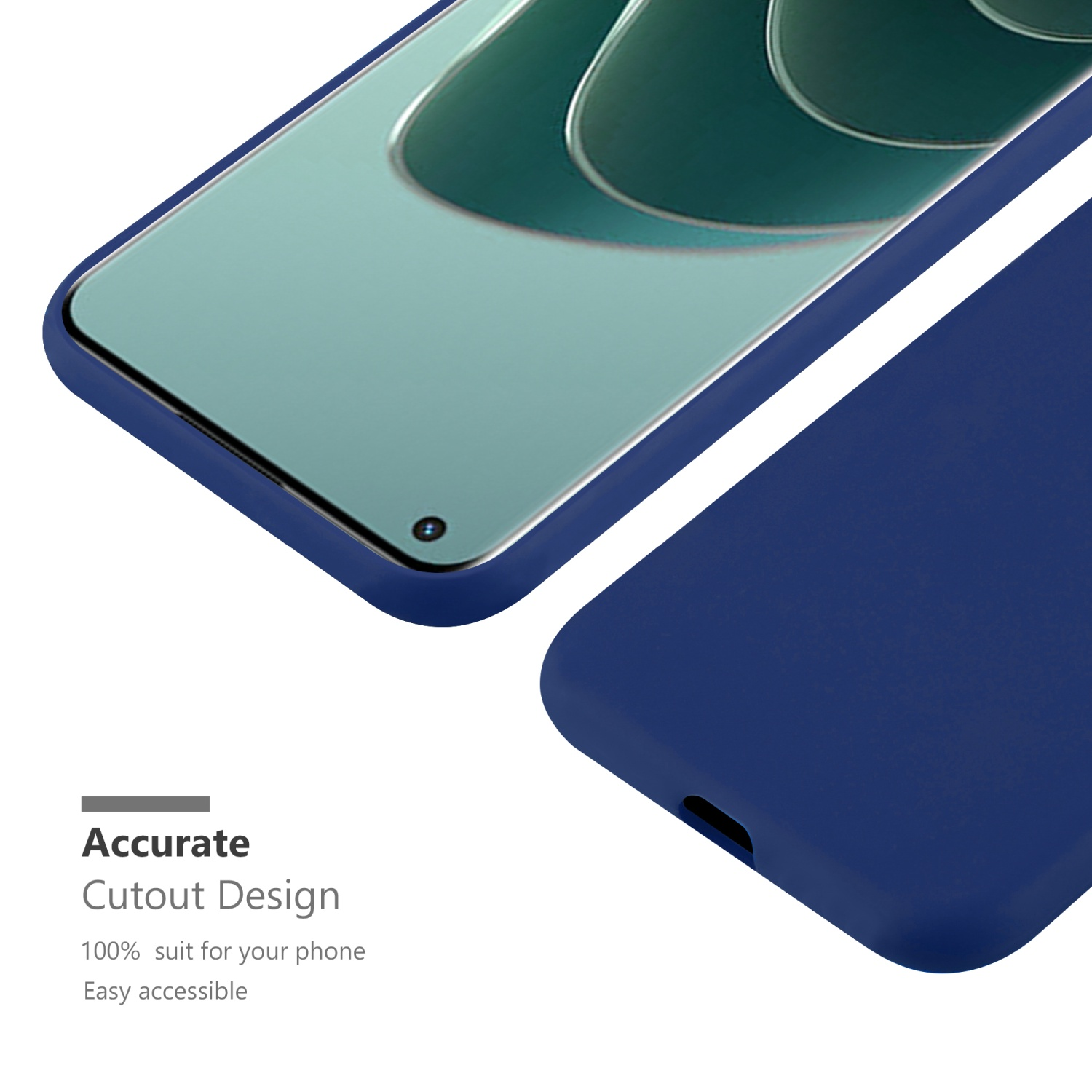 Blaue Handyhülle, Oberseite des Telefons sichtbar. Text sagt: Accurate Cutout Design.