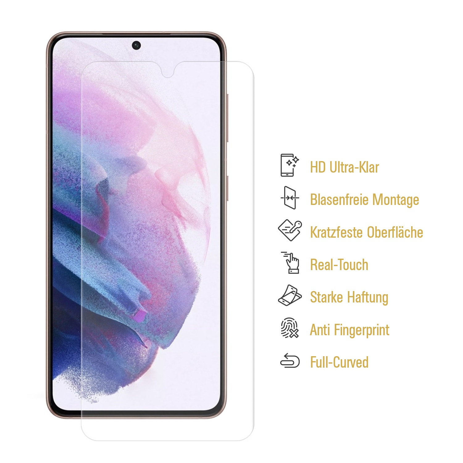Ein Telefon mit aufgebrachter Displayschutzfolie. Der Schutz ist klar und auf dem Bildschirm des Telefons.