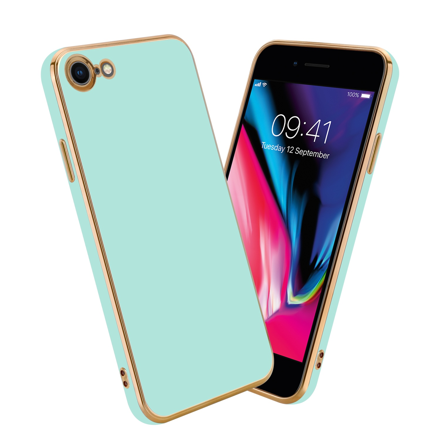 Zwei Handyhüllen, eine mintgrün, eine mit einem Telefon, das einen Bildschirm mit Uhrzeit und Datum zeigt.