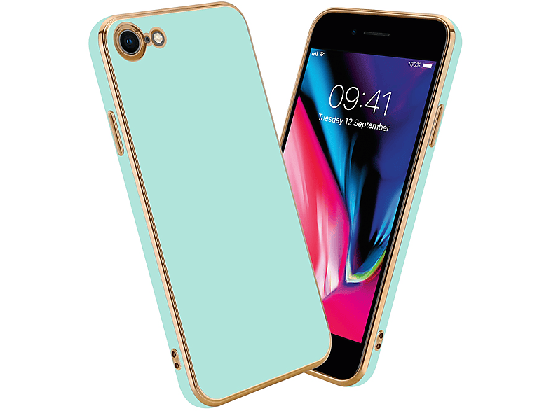 CADORABO Handyhülle mit Kameraschutz, Backcover, Apple, iPhone 7 / 7S / 8 / SE 2020, Glossy Mint Grün - Gold