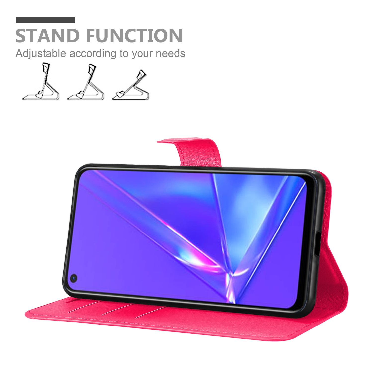 Una custodia rosa con un telefono che mostra uno schermo blu. È in posizione stand. Il testo dice 'STAND FUNCTION'.