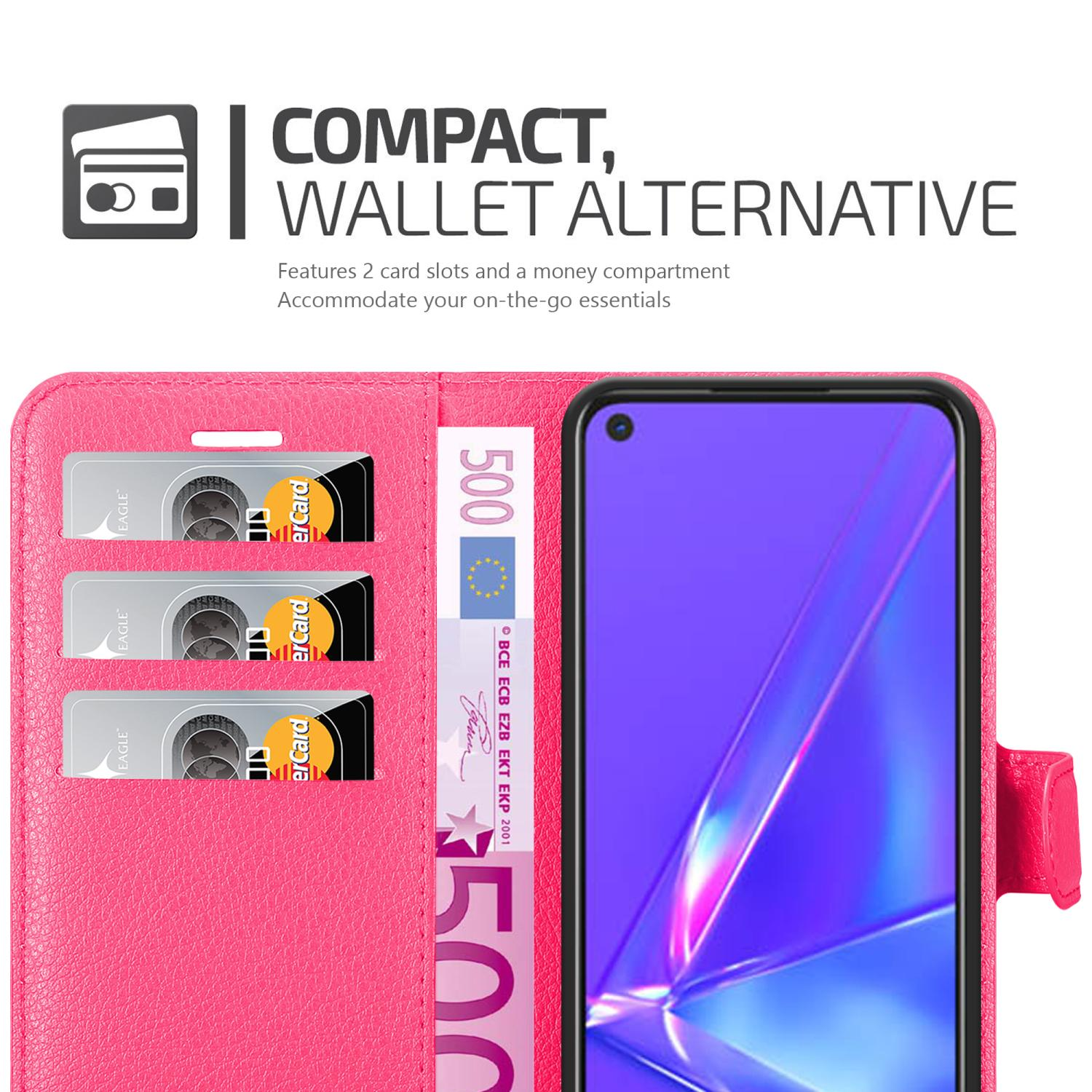 Custodia rosa con slot per carte e scomparto per soldi. Schermo visibile.