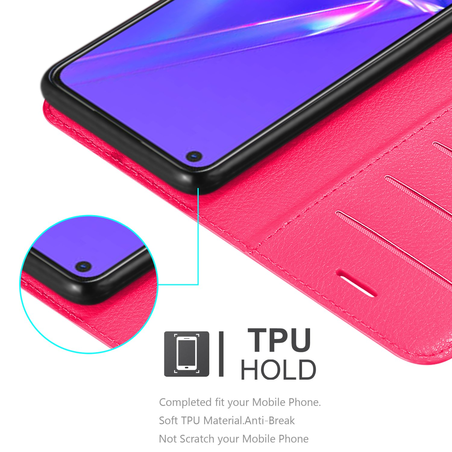 Custodia rosa, aperta, con telefono nero dentro, e testo: TPU HOLD.