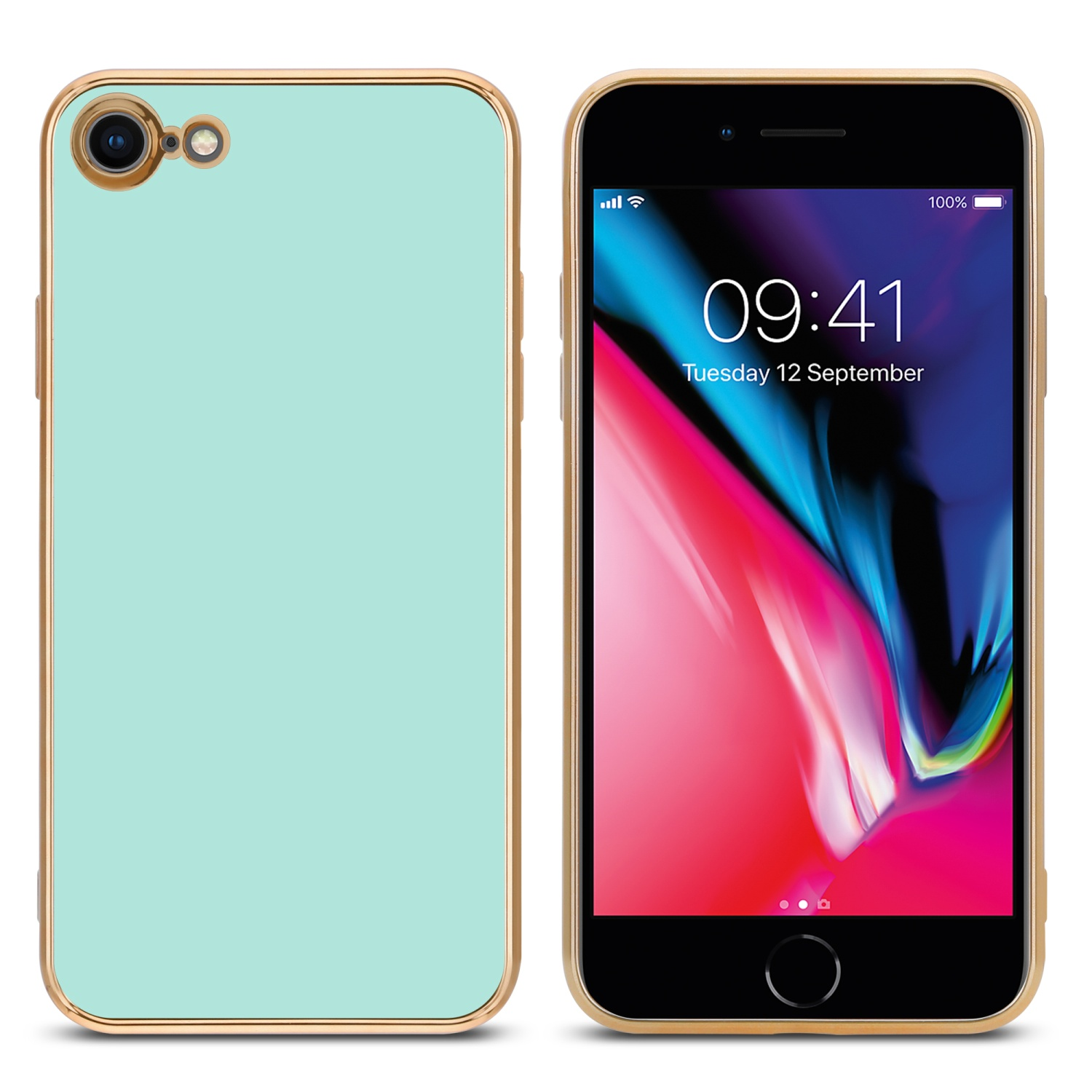 Telefon mit goldfarbener Hülle auf einem Tisch. Das Telefon befindet sich auf der rechten Seite.