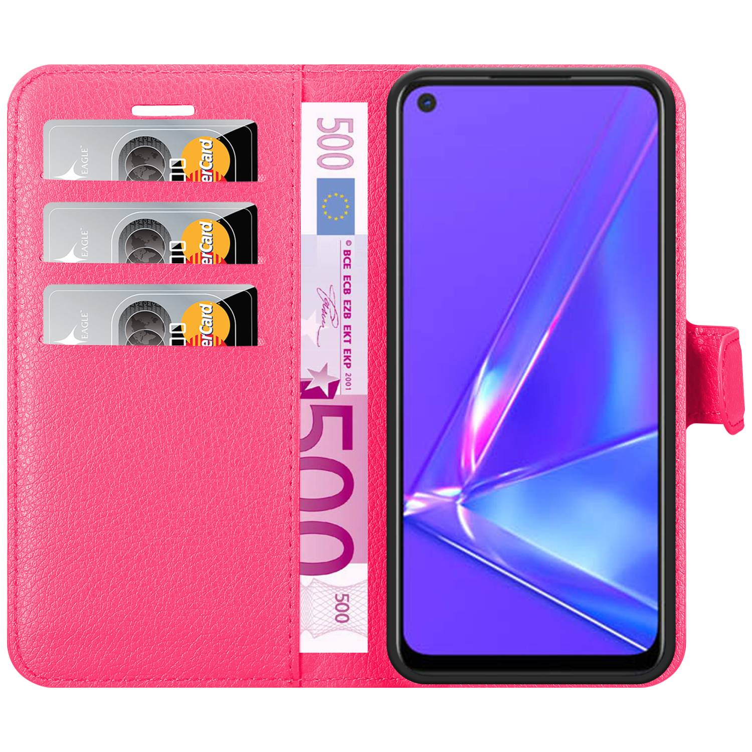 Custodia a portafoglio rosa con carte e denaro all'interno. Schermo del telefono con sfondo viola.