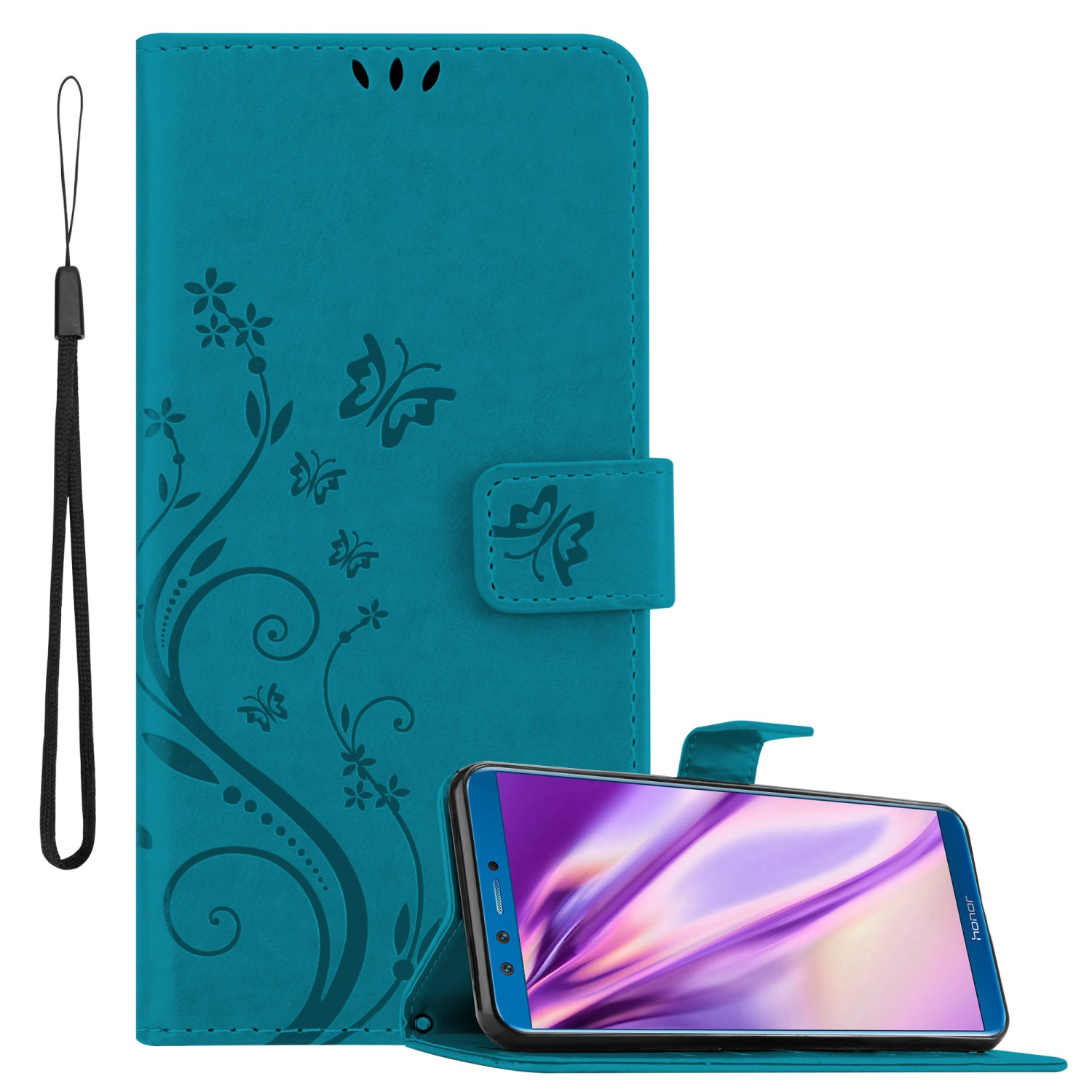 Türkisfarbene Handyhülle mit Blumenmuster. Telefon ist innen. Weißer Hintergrund.