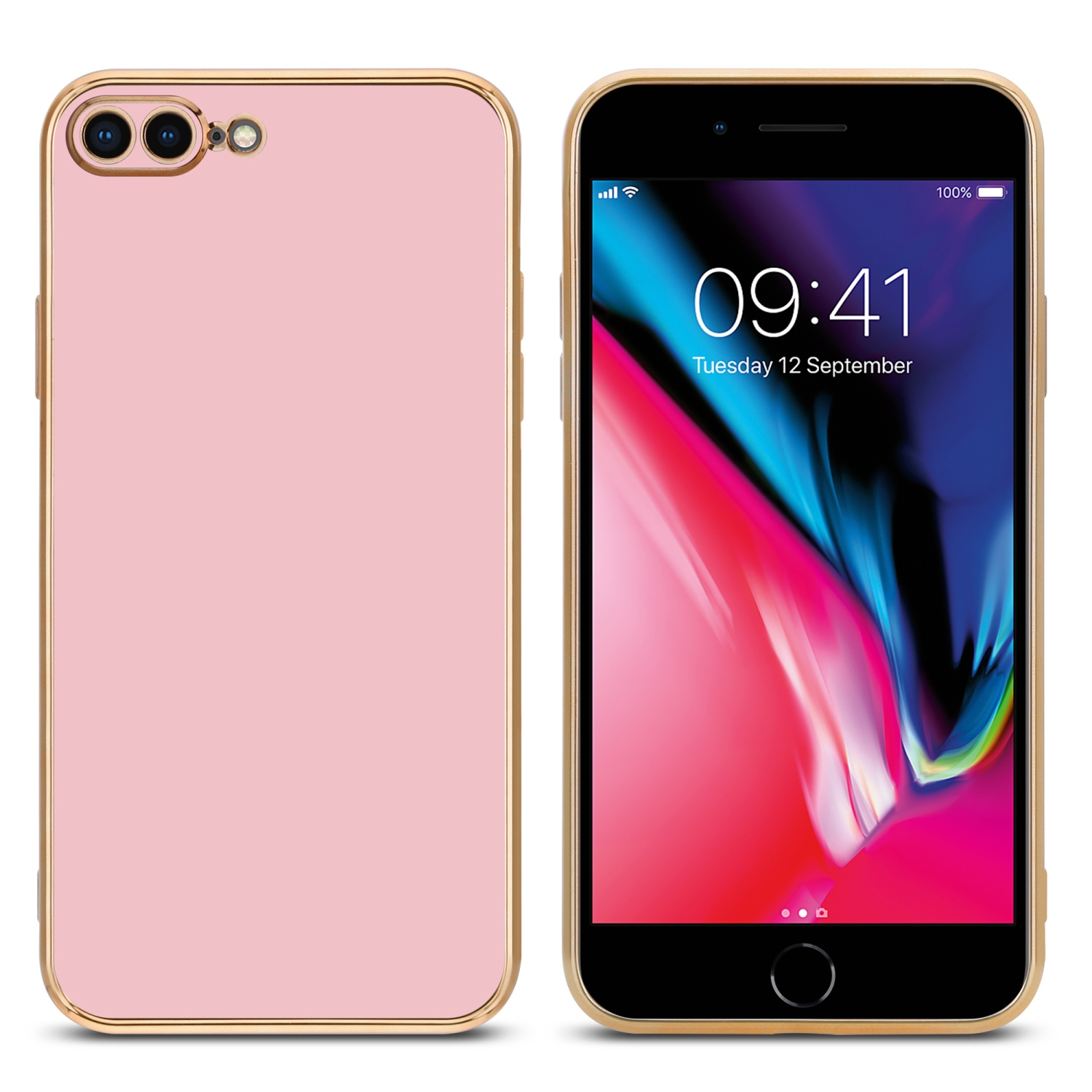 Zwei Telefone nebeneinander. Beide sind rosa und haben goldene Ränder. Eines zeigt die Uhrzeit.