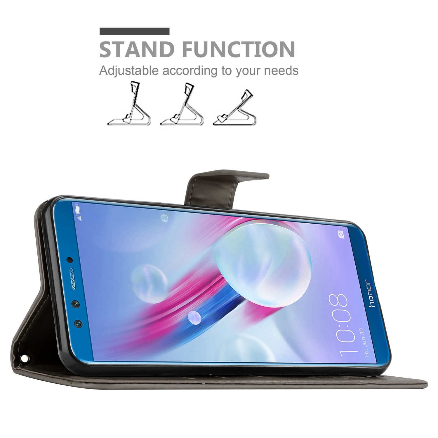 Schwarze Handyhülle, ein Folio-Typ, mit einem Telefon darin. Das Telefon zeigt einen blauen Bildschirm.