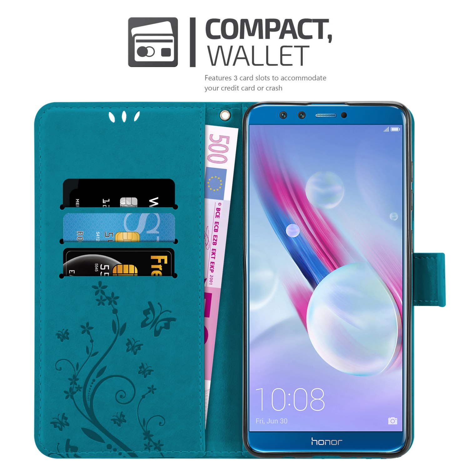 Türkisfarbene Handy-Geldbörsenhülle geöffnet, mit Karten, einer 500-Euro-Note und einem Bildschirm mit abstraktem Design.