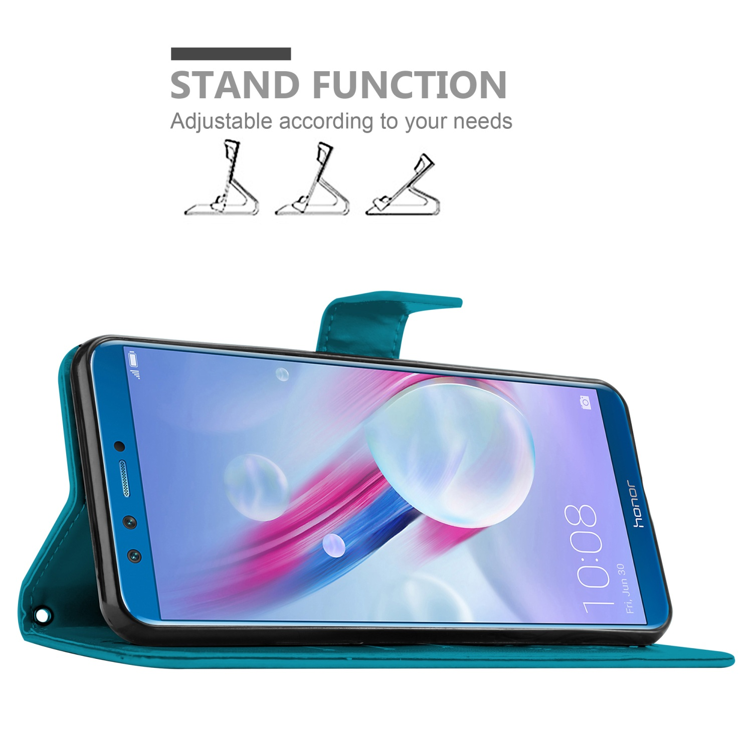 Telefon in türkisgrüner Hülle, mit Stützfunktion.