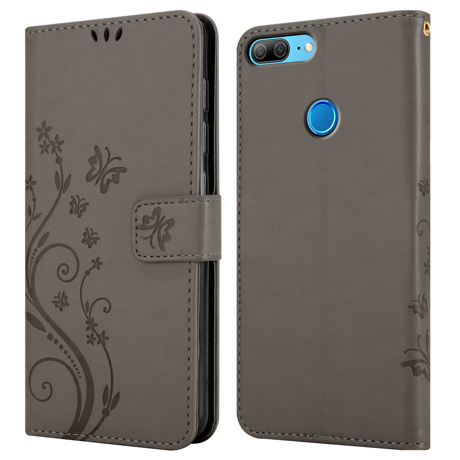 Eine graue Handyhülle mit floralem Design, geöffnet, um das Telefon darin zu zeigen.